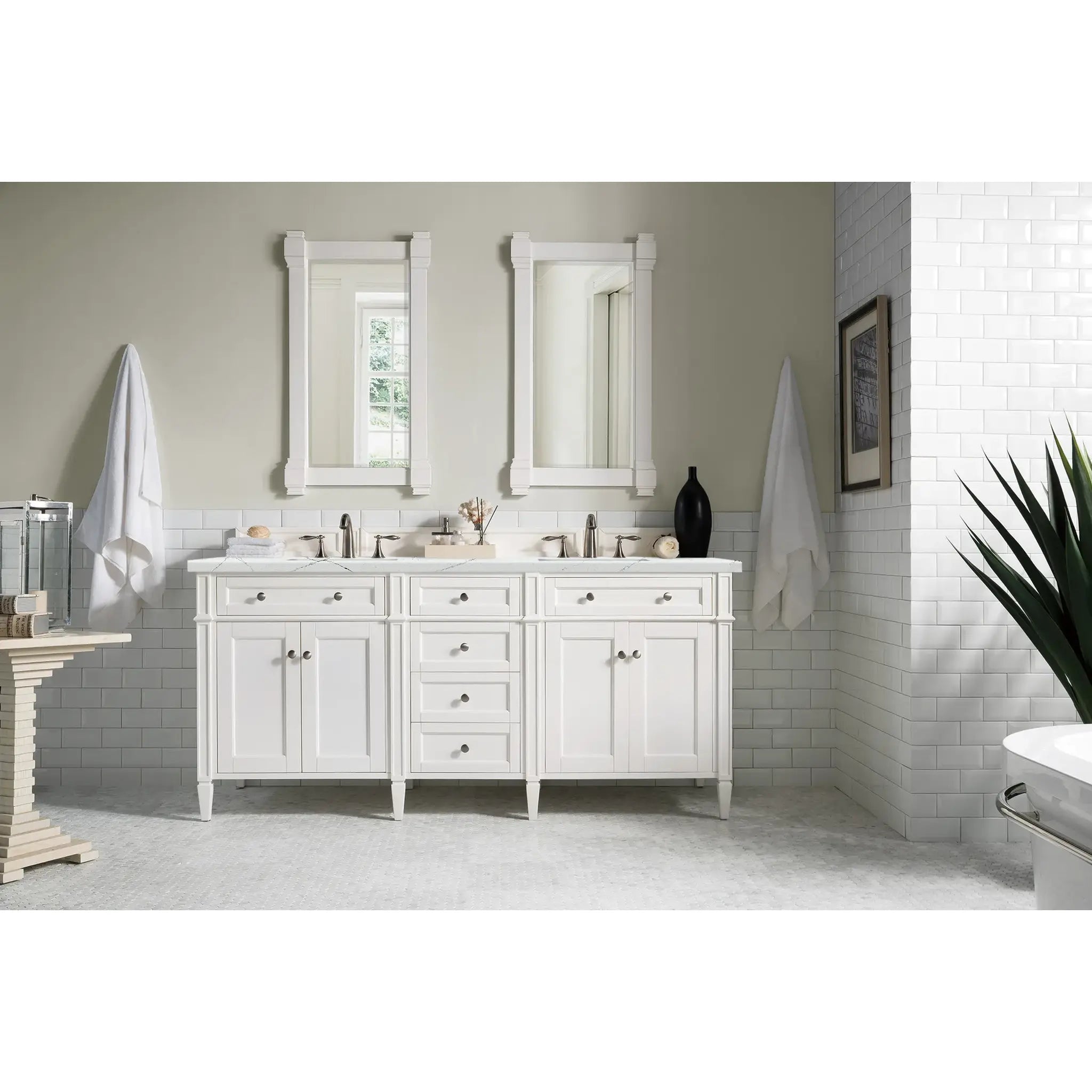 72" Brittany Double Vanity in Bright White w/FreePower Wireless Charger-Ethereal Noctis Silestone-8" Widespread image 4