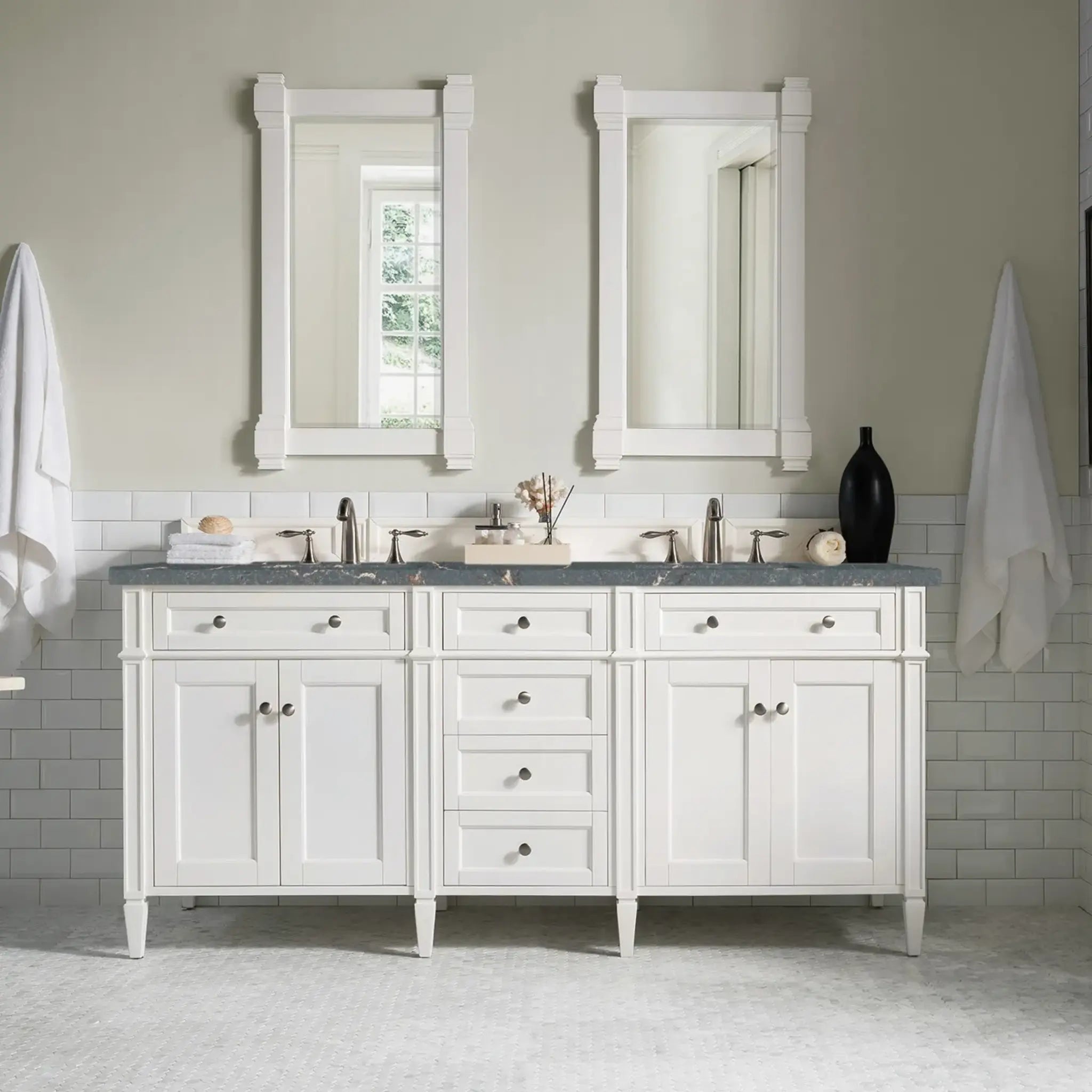 72" Brittany Double Vanity in Bright White w/FreePower Wireless Charger-Parisien Bleu Silestone-8" Widespread image 4