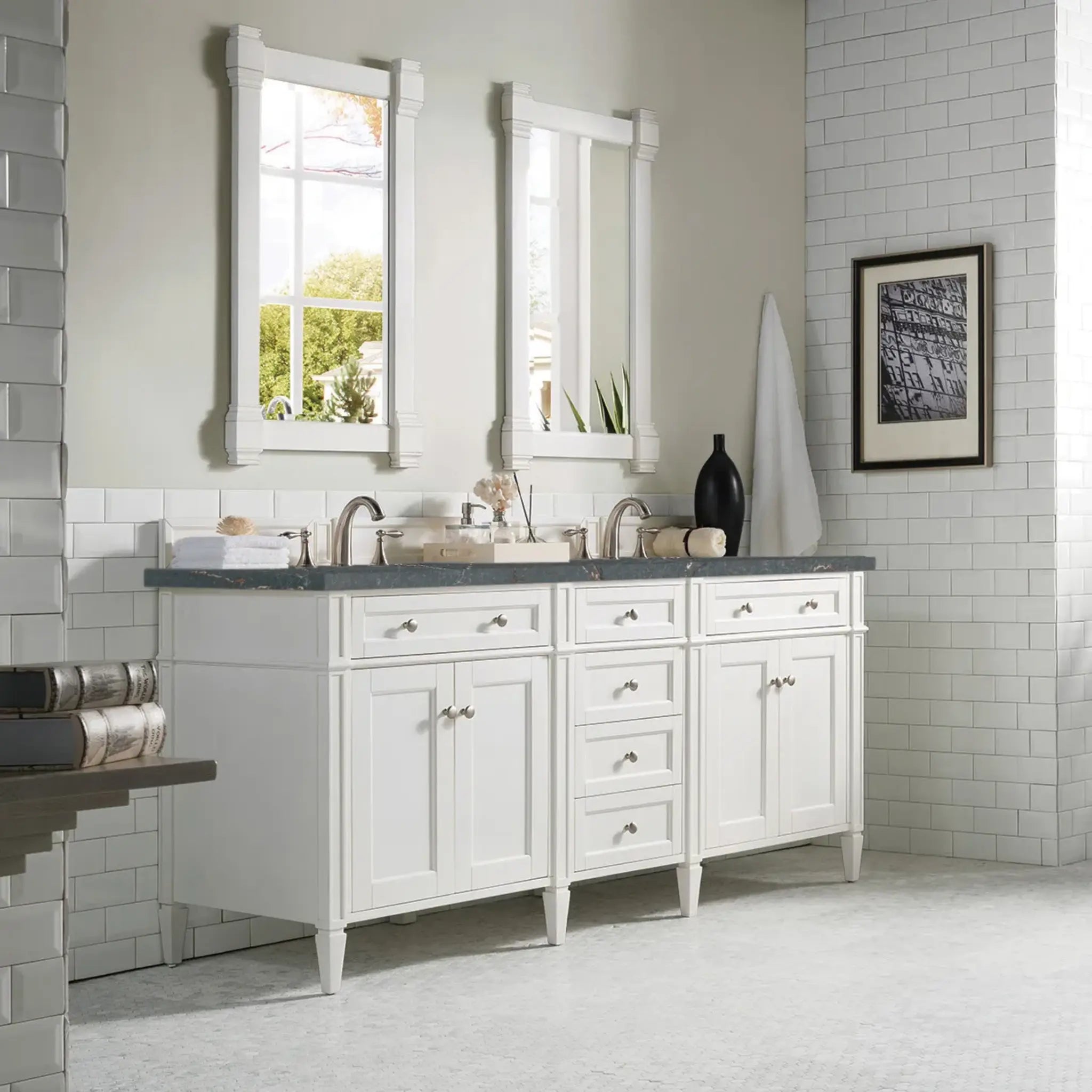 72" Brittany Double Vanity in Bright White w/FreePower Wireless Charger-Parisien Bleu Silestone-8" Widespread image 5