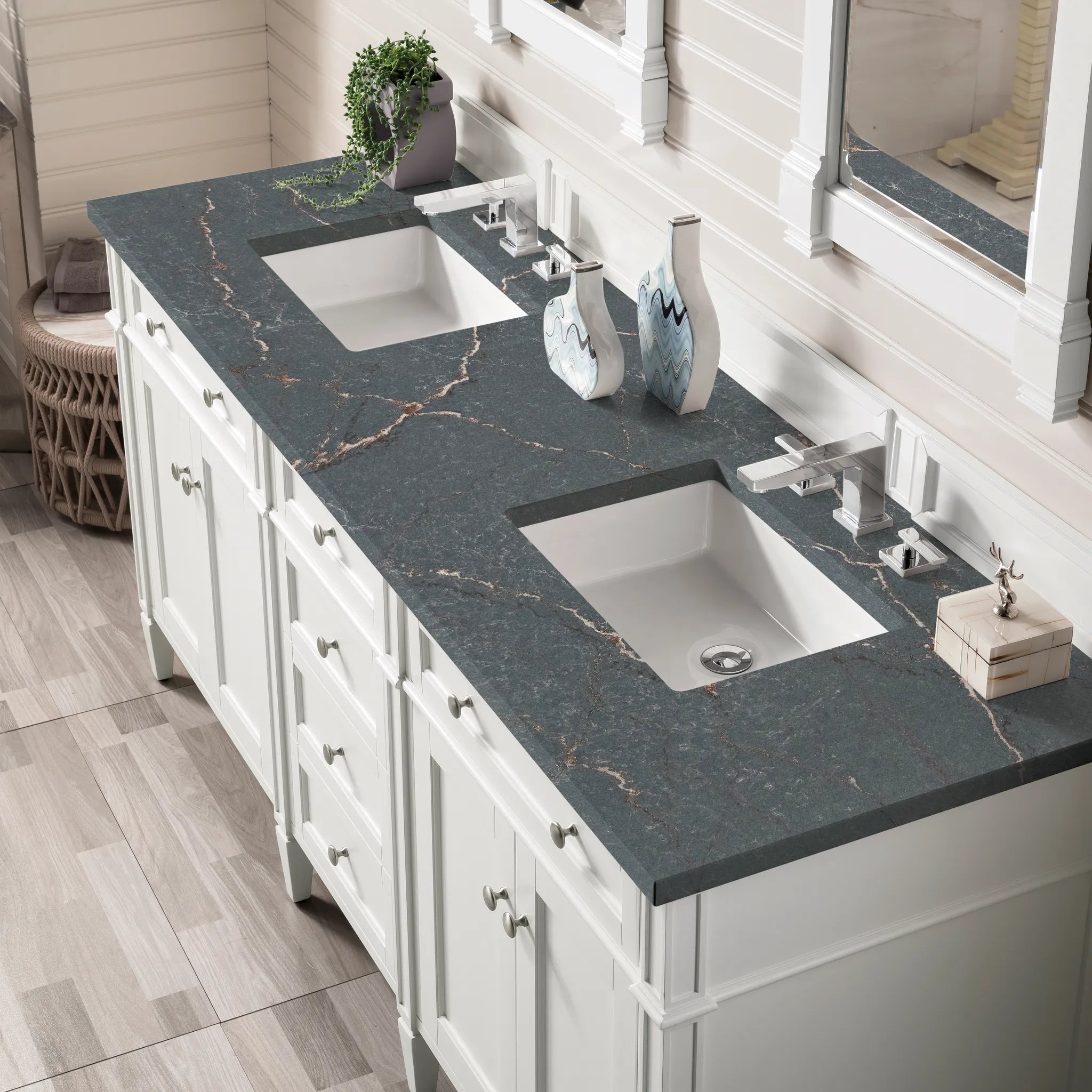 72" Brittany Double Vanity in Bright White w/FreePower Wireless Charger-Parisien Bleu Silestone-8" Widespread image 8