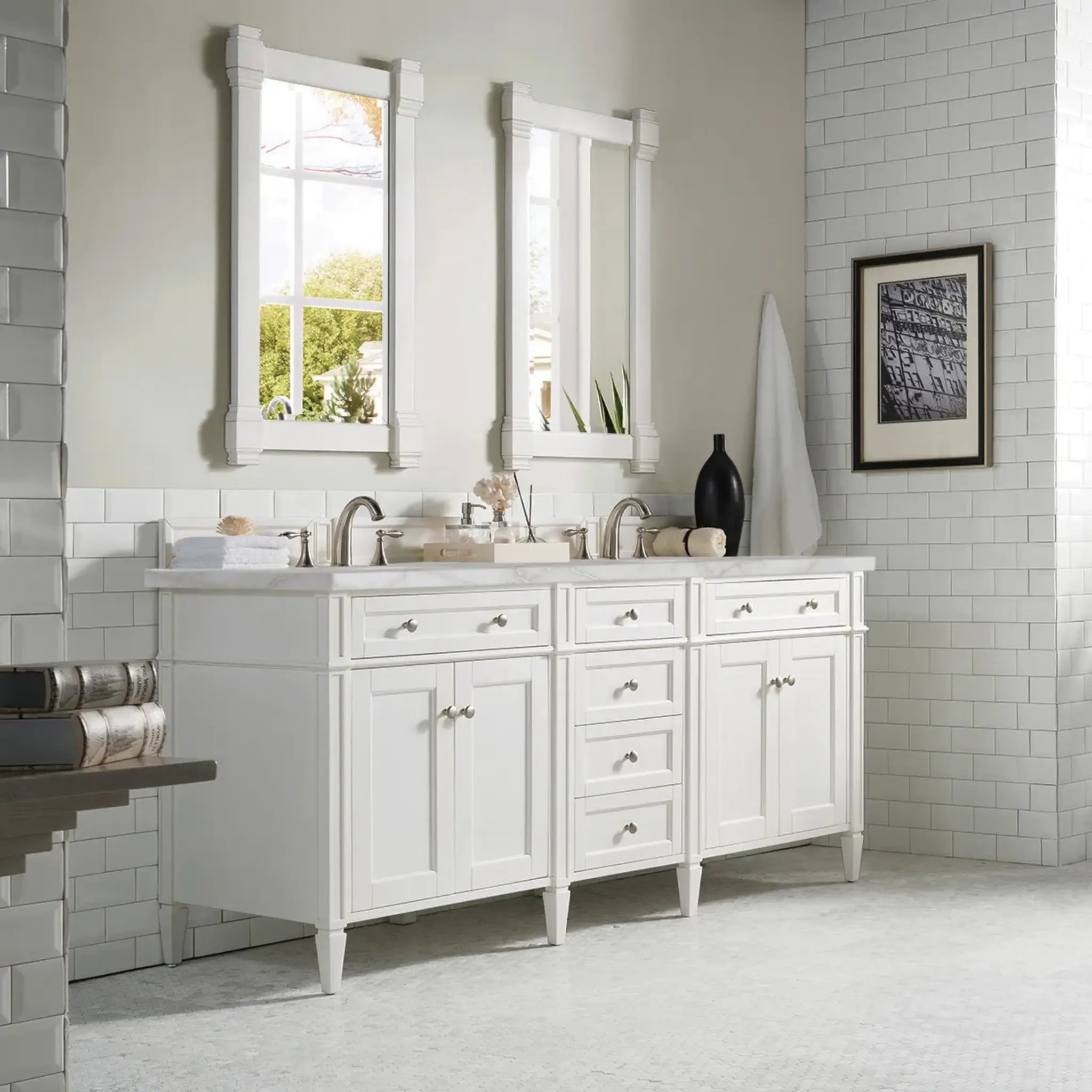 72" Brittany Double Vanity in Bright White w/FreePower Wireless Charger-Victorian Silver Silestone-8" Widespread image 5