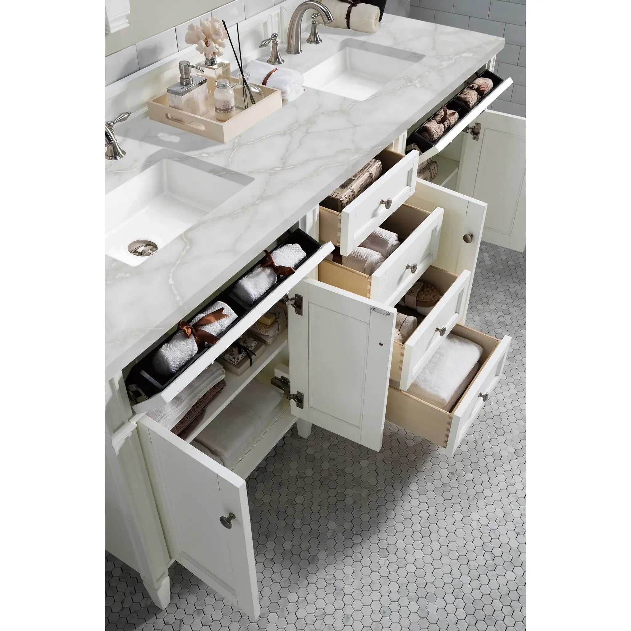 72" Brittany Double Vanity in Bright White w/FreePower Wireless Charger-Victorian Silver Silestone-8" Widespread image 6