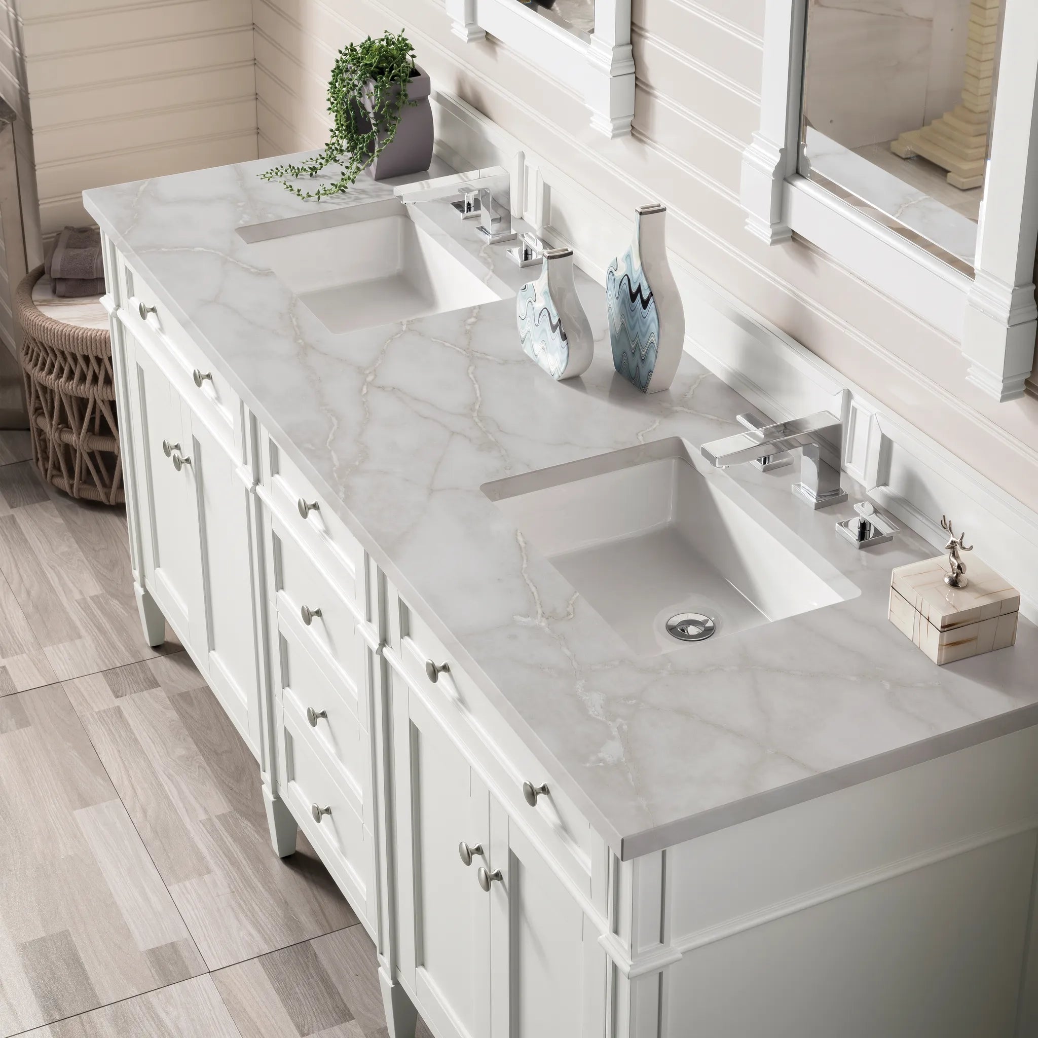 72" Brittany Double Vanity in Bright White w/FreePower Wireless Charger-Victorian Silver Silestone-8" Widespread image 8