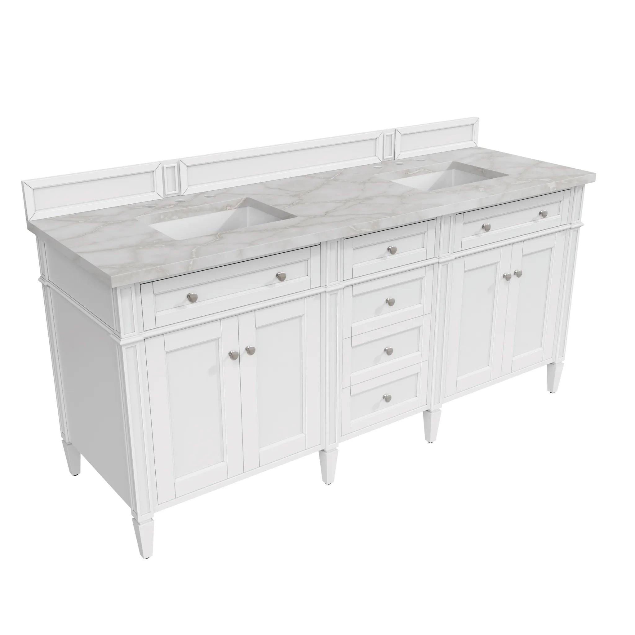 72" Brittany Double Vanity in Bright White w/FreePower Wireless Charger-Victorian Silver Silestone-8" Widespread image 9