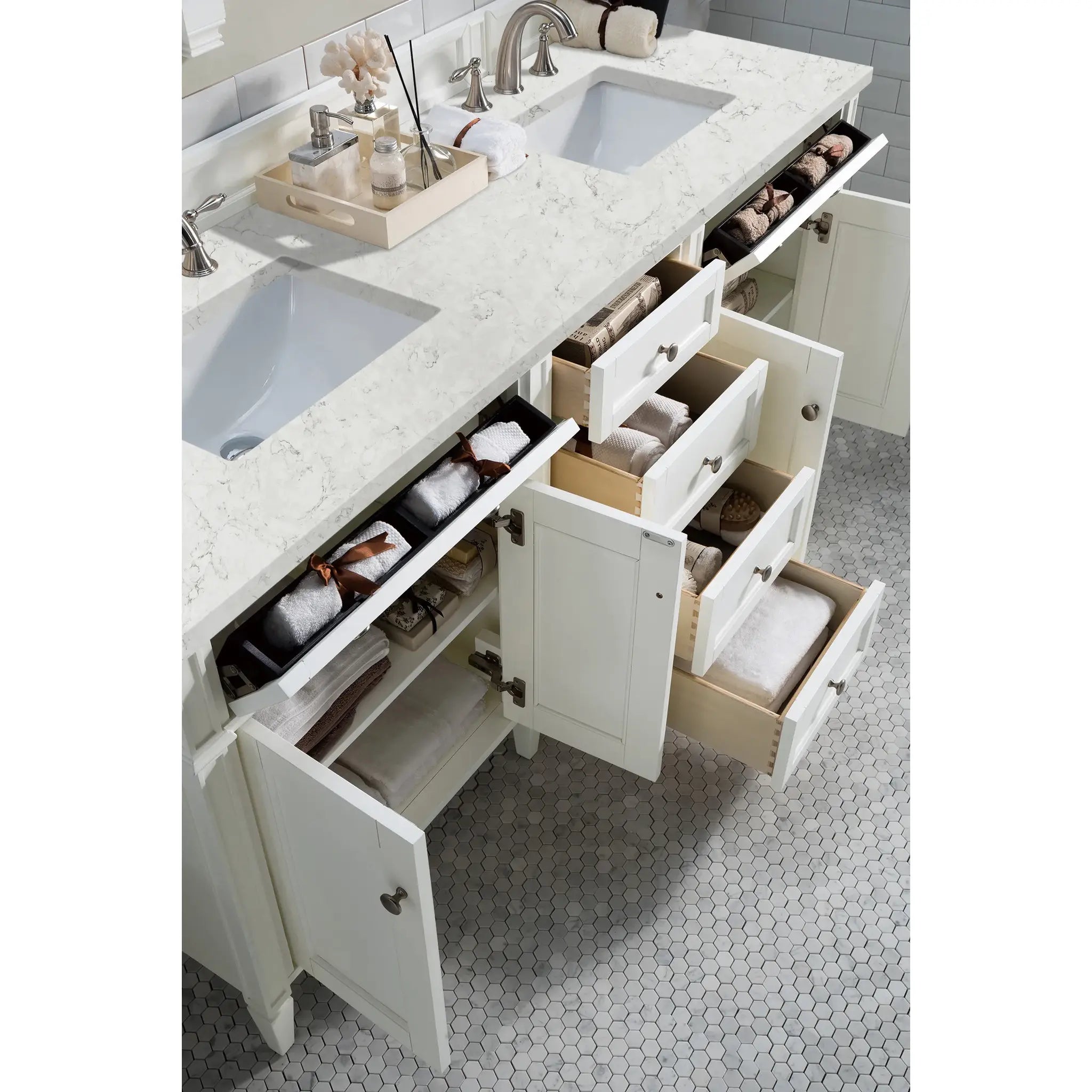 72" Brittany Double Vanity in Bright White Wireless Charger-Eternal Jasmine Pearl Silestone-8" Widespread image 6