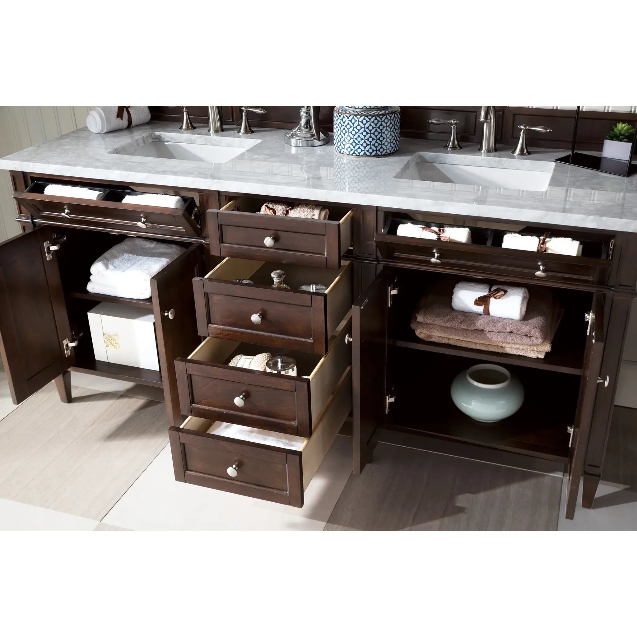 72" Brittany Double Vanity in Burnished Mahogany-Carrara White Marble-8" Widespread image 3