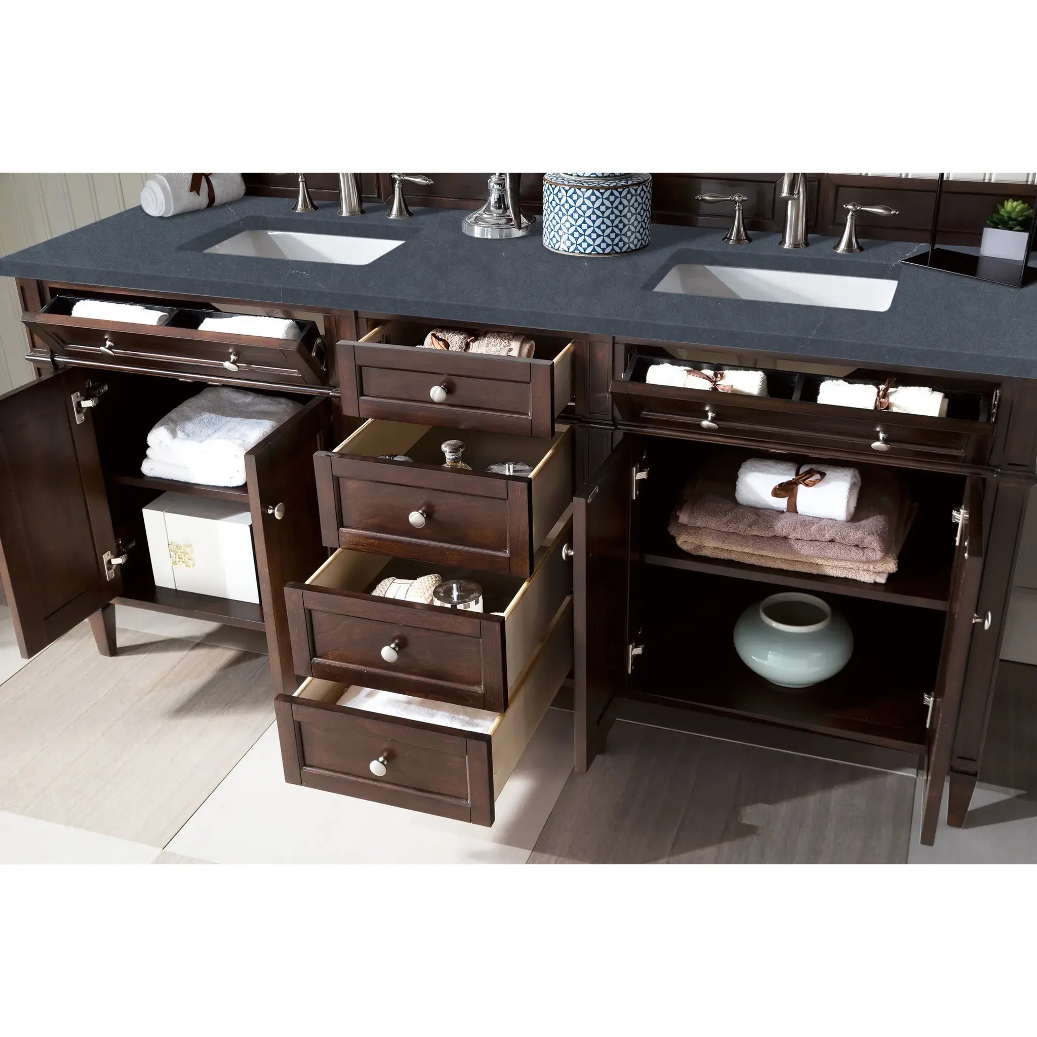 72" Brittany Double Vanity in Burnished Mahogany-Charcoal Soapstone Silestone-8" Widespread image 3