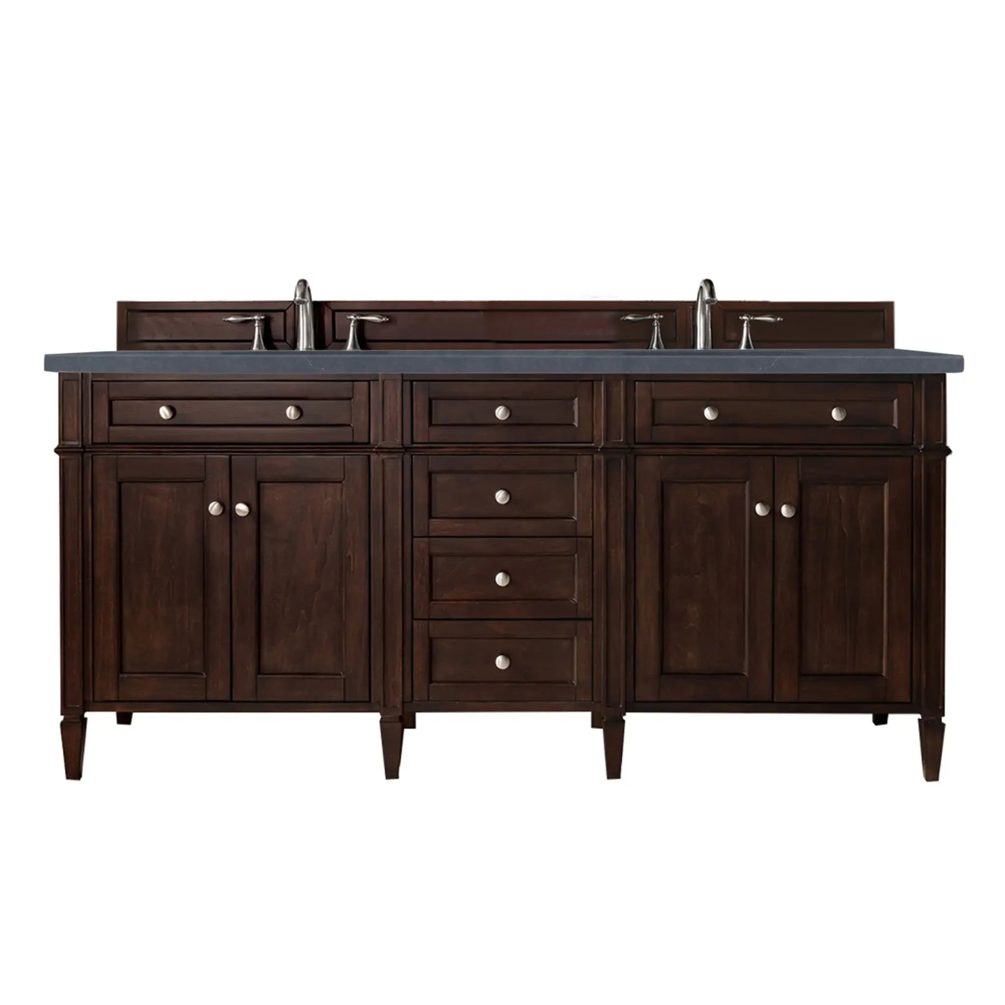 72" Brittany Double Vanity in Burnished Mahogany-Charcoal Soapstone Silestone-8" Widespread image