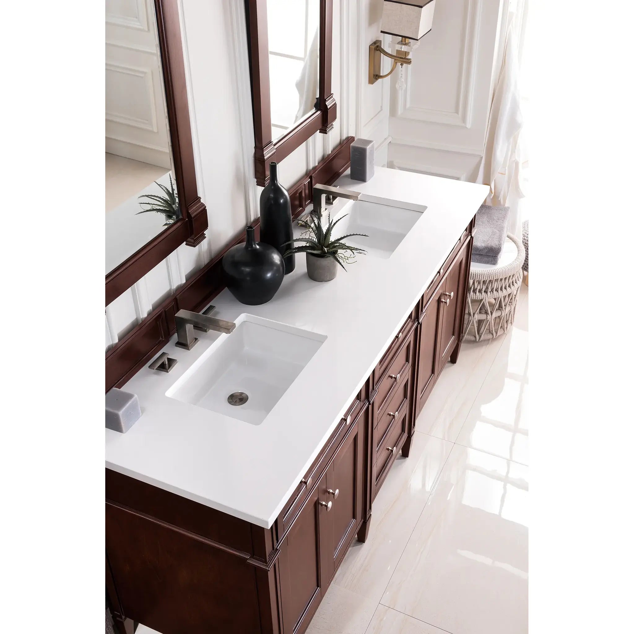72" Brittany Double Vanity in Burnished Mahogany-White Zeus Silestone-8" Widespread image 2