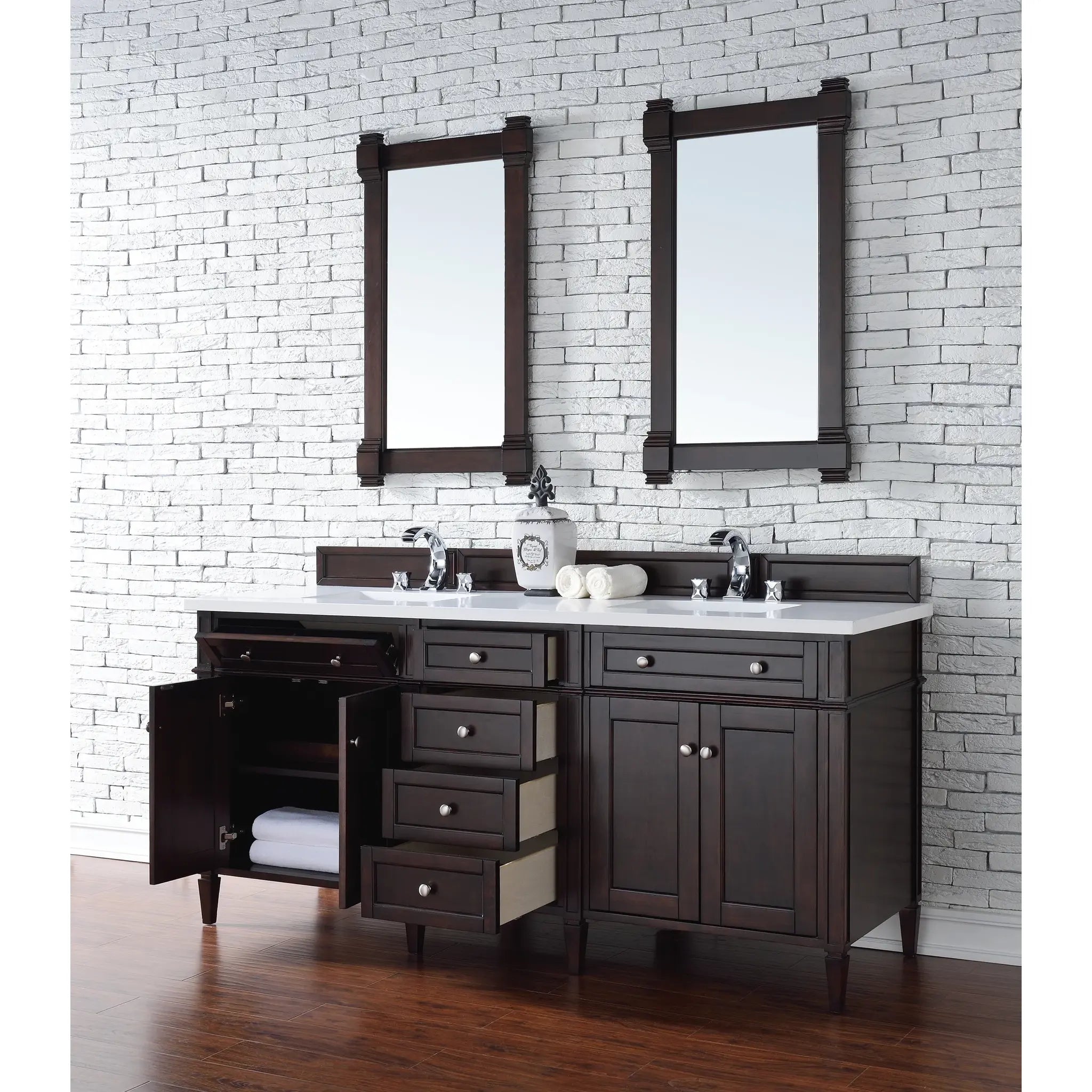 72" Brittany Double Vanity in Burnished Mahogany-White Zeus Silestone-8" Widespread image 3