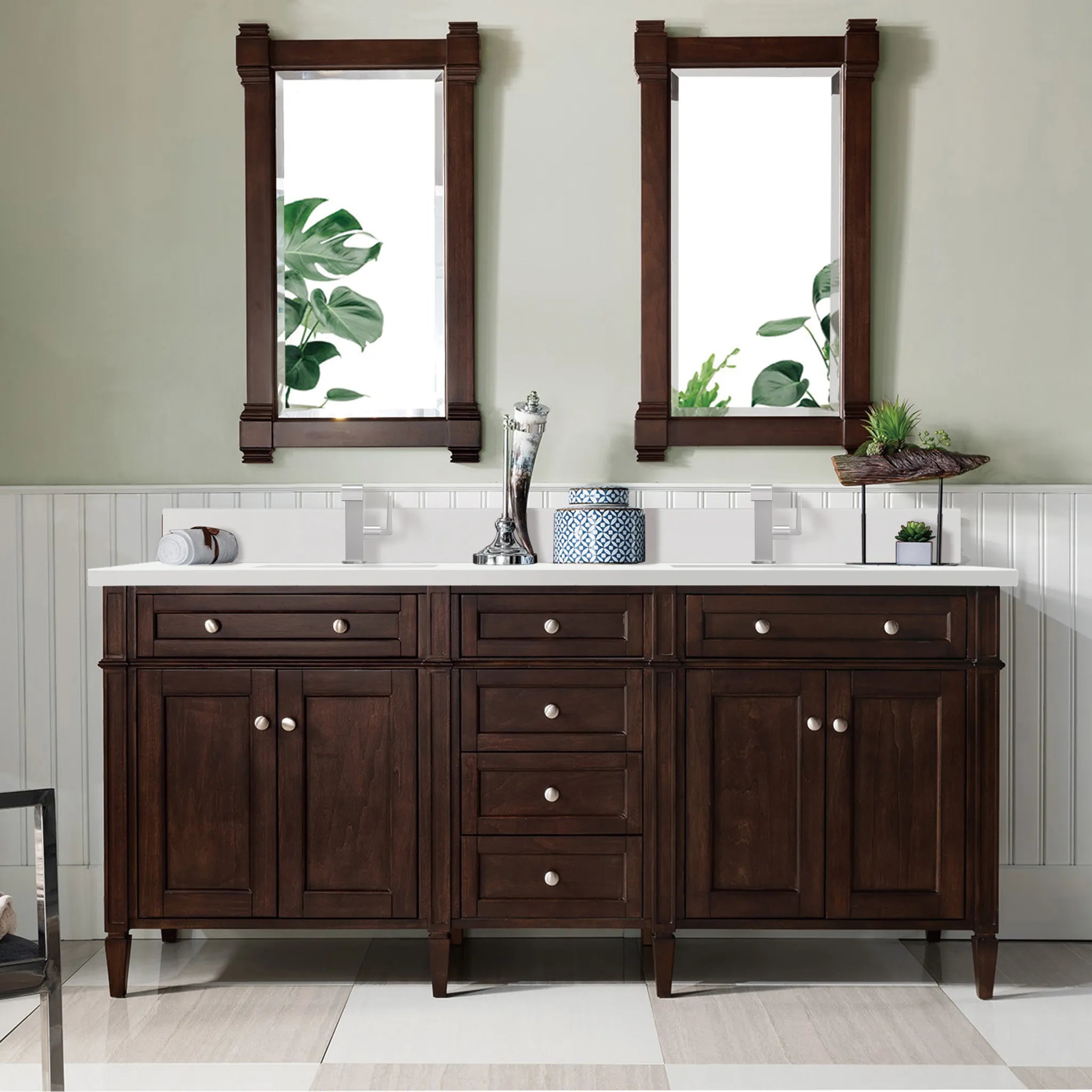 72" Brittany Double Vanity in Burnished Mahogany-White Zeus Silestone & Backsplash-Single Hole image 1