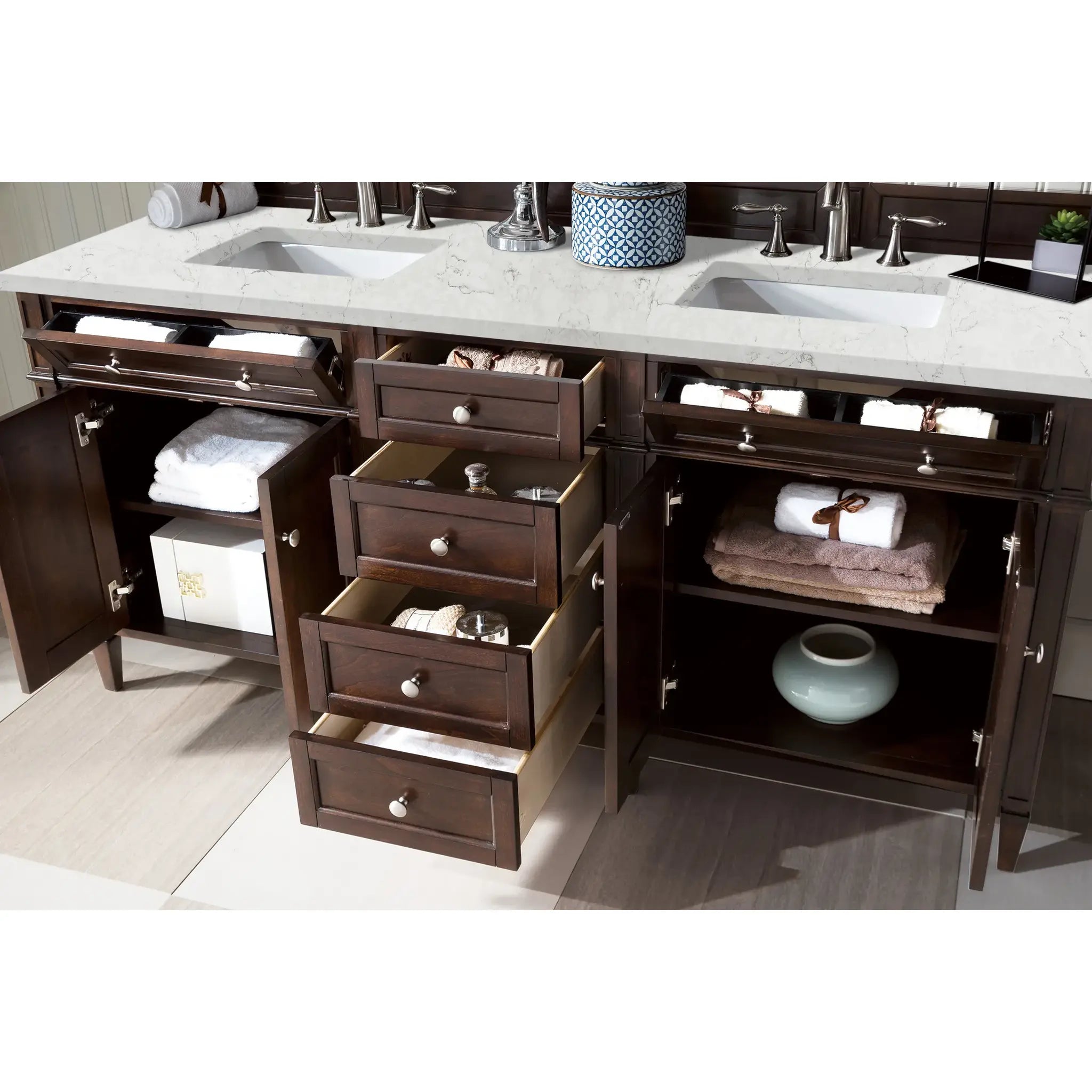 72" Brittany Double Vanity in Burnished Mahogany Wireless Charger-Eternal Jasmine Pearl Silestone-8" Widespread image 6