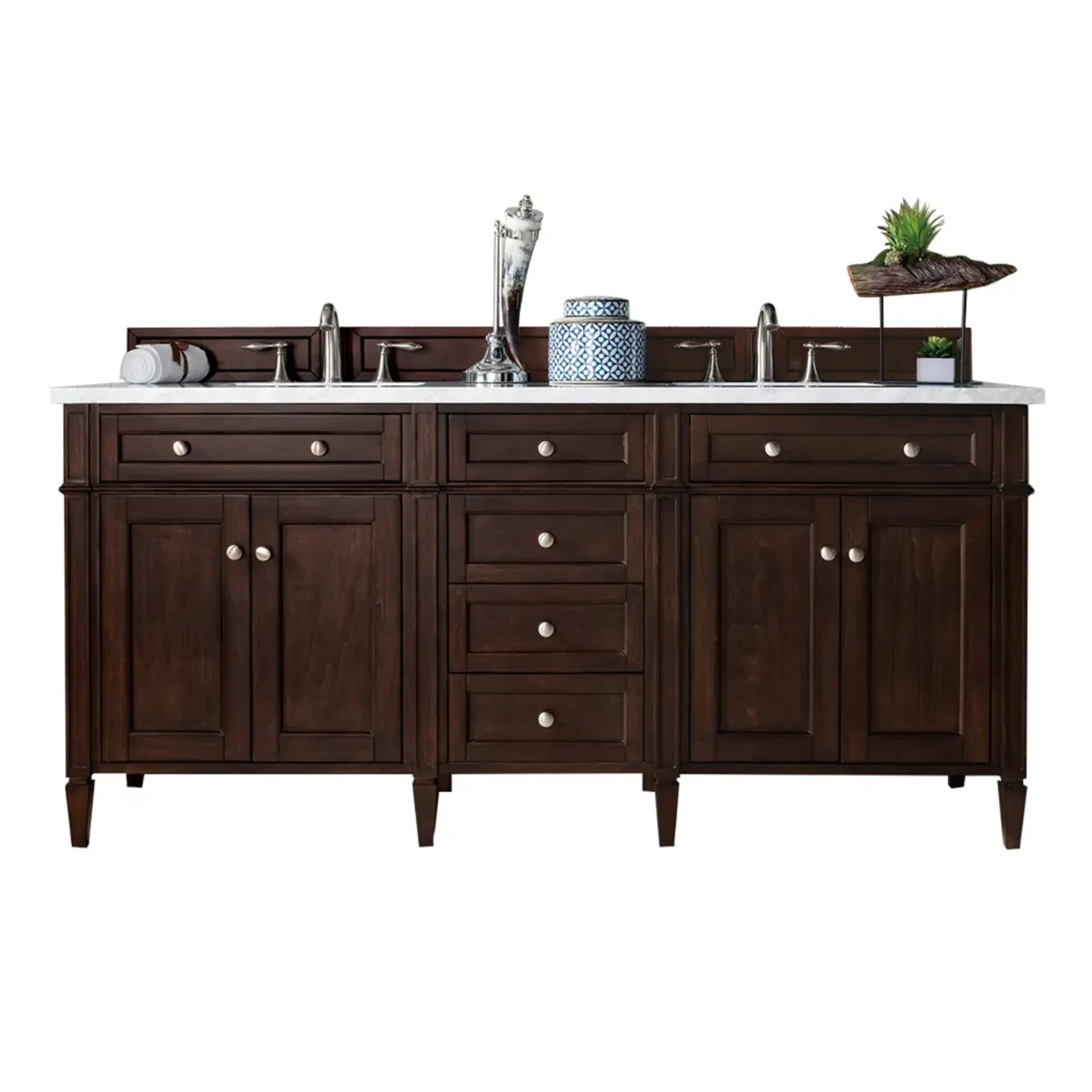 72" Brittany Double Vanity in Burnished Mahogany Wireless Charger-Eternal Jasmine Pearl Silestone-8" Widespread image