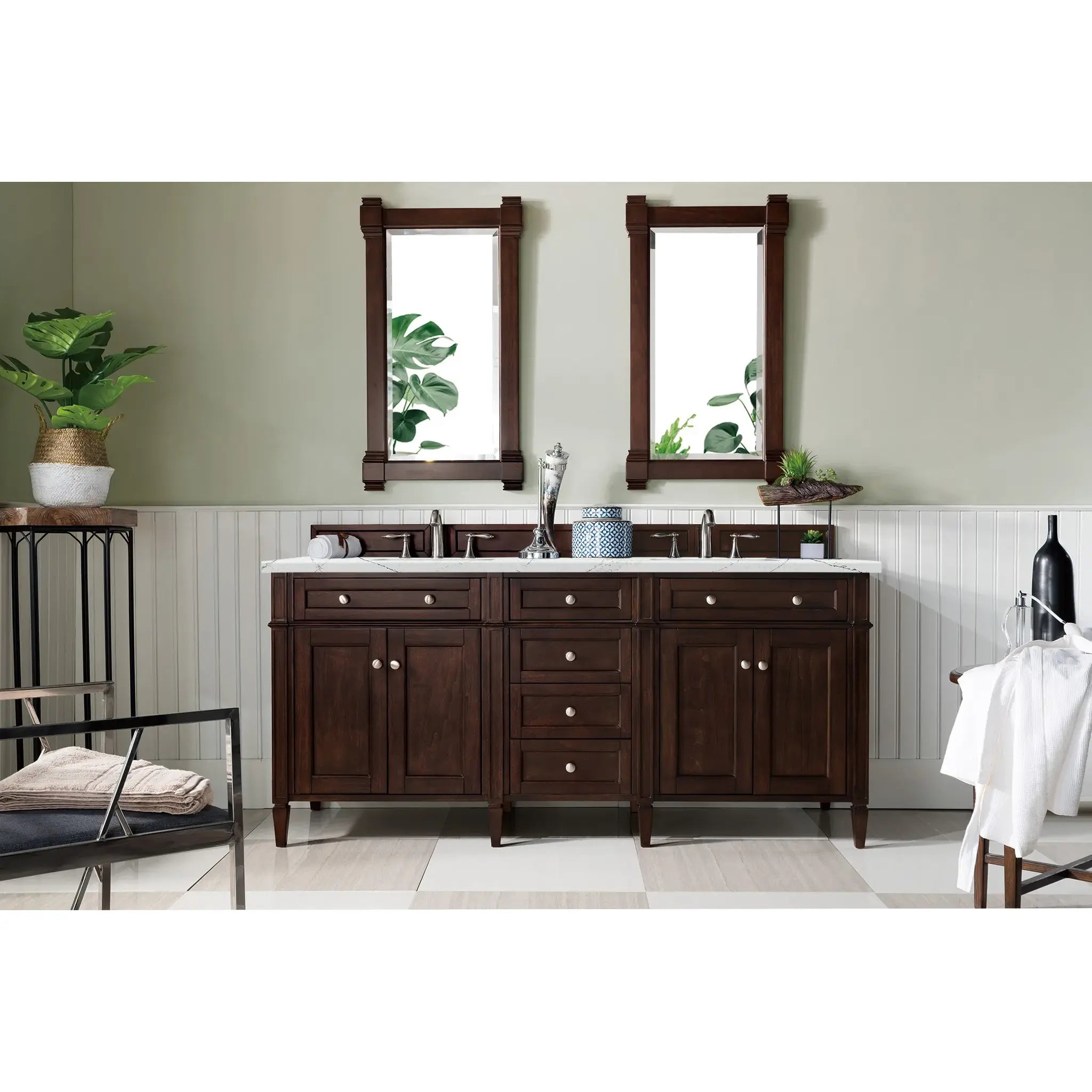 72" Brittany Double Vanity in Burnished Mahogany Wireless Charger-Ethereal Noctis Silestone-8" Widespread image 4
