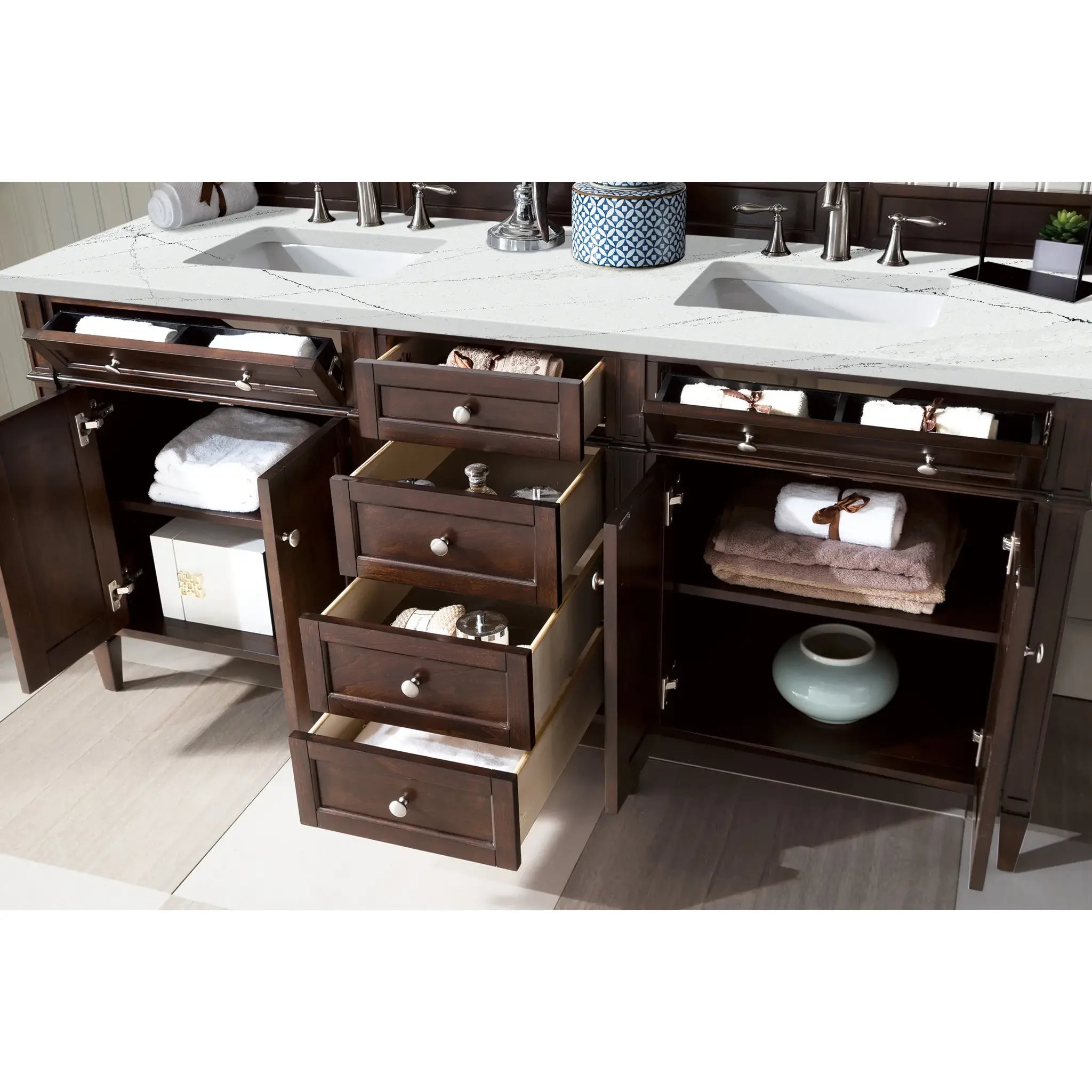 72" Brittany Double Vanity in Burnished Mahogany Wireless Charger-Ethereal Noctis Silestone-8" Widespread image 6