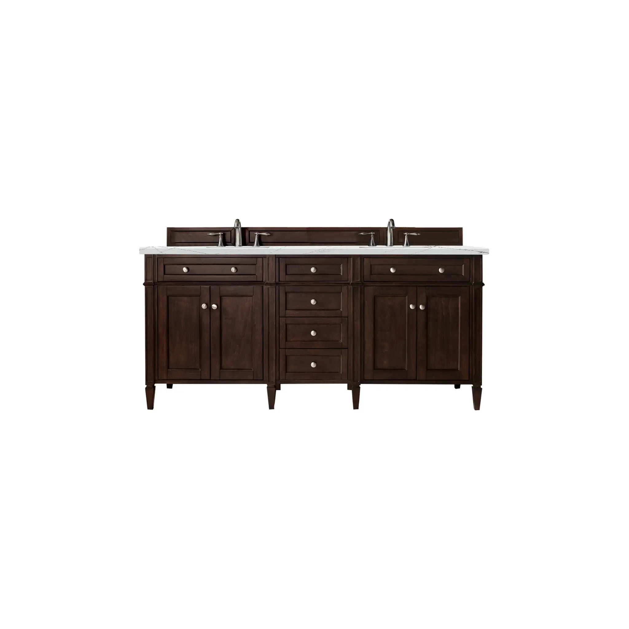 72" Brittany Double Vanity in Burnished Mahogany Wireless Charger-Ethereal Noctis Silestone-8" Widespread image
