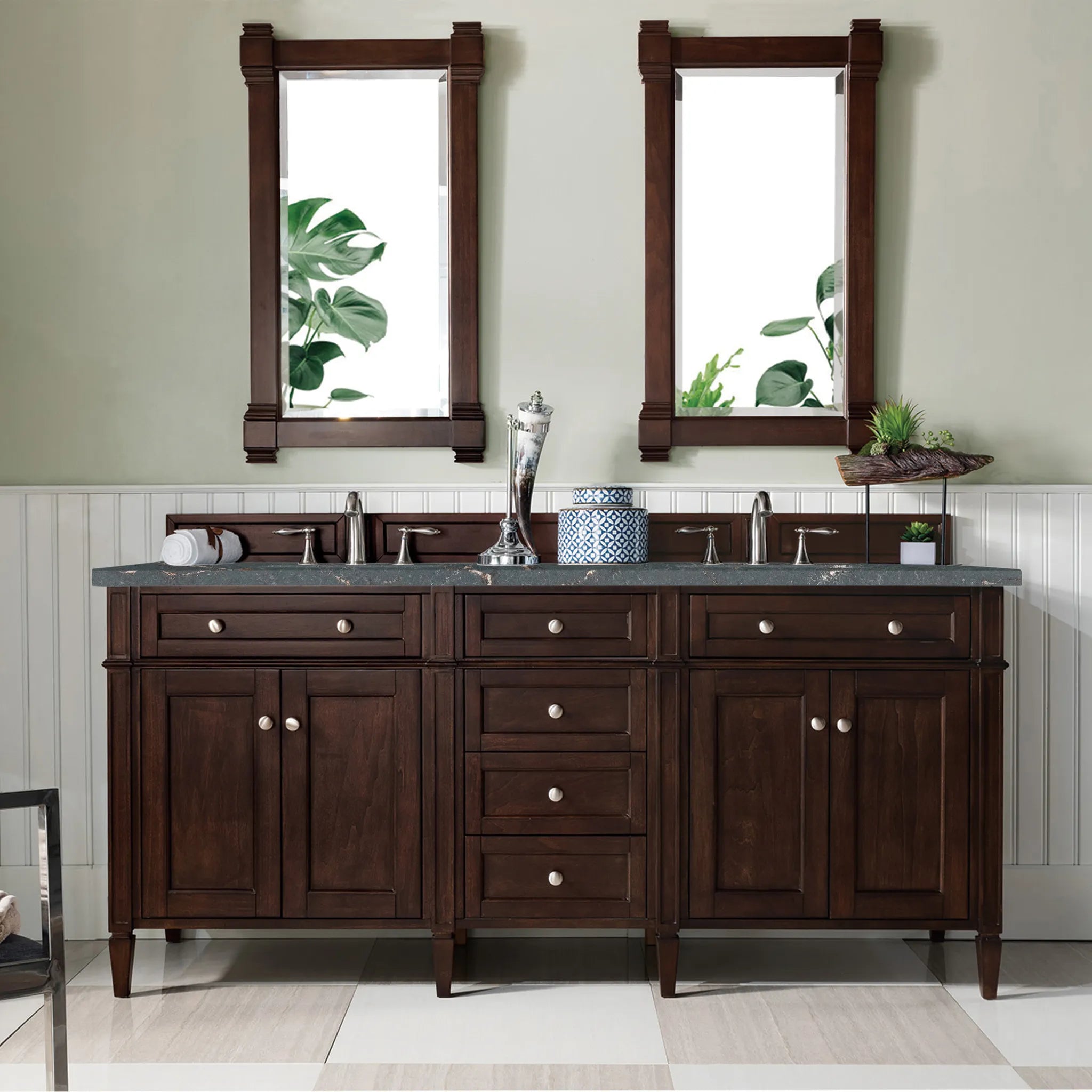 72" Brittany Double Vanity in Burnished Mahogany Wireless Charger-Parisien Bleu Silestone-8" Widespread image 4