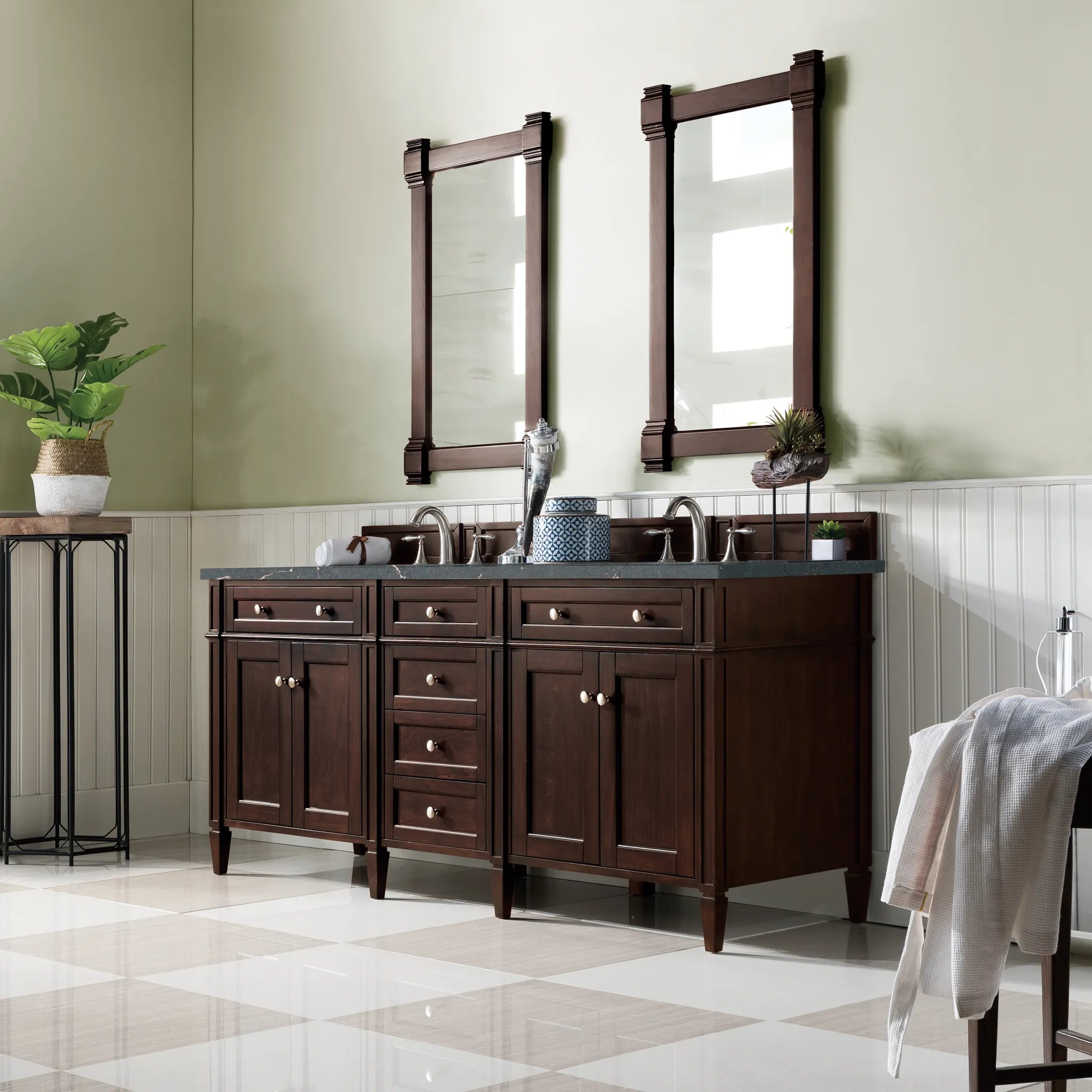 72" Brittany Double Vanity in Burnished Mahogany Wireless Charger-Parisien Bleu Silestone-8" Widespread image 5