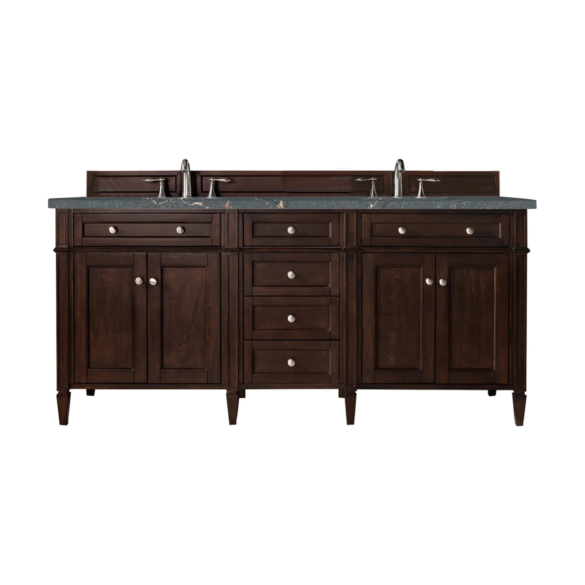 72" Brittany Double Vanity in Burnished Mahogany Wireless Charger-Parisien Bleu Silestone-8" Widespread image