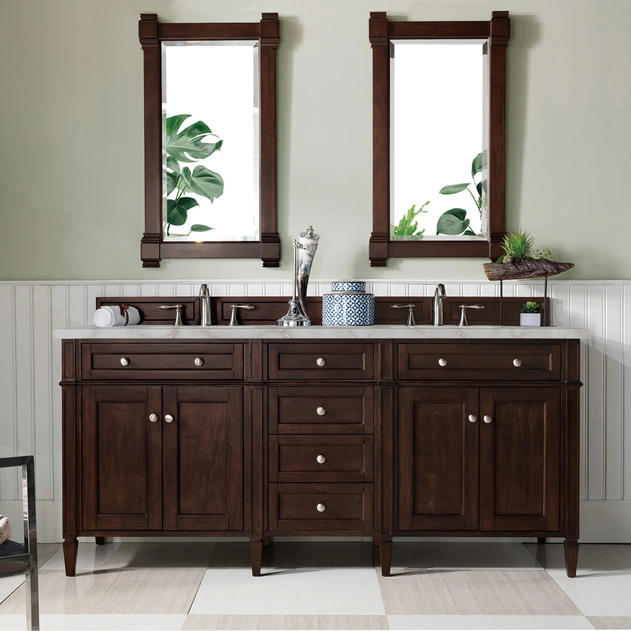 72" Brittany Double Vanity in Burnished Mahogany Wireless Charger-Victorian Silver Silestone-8" Widespread image 4