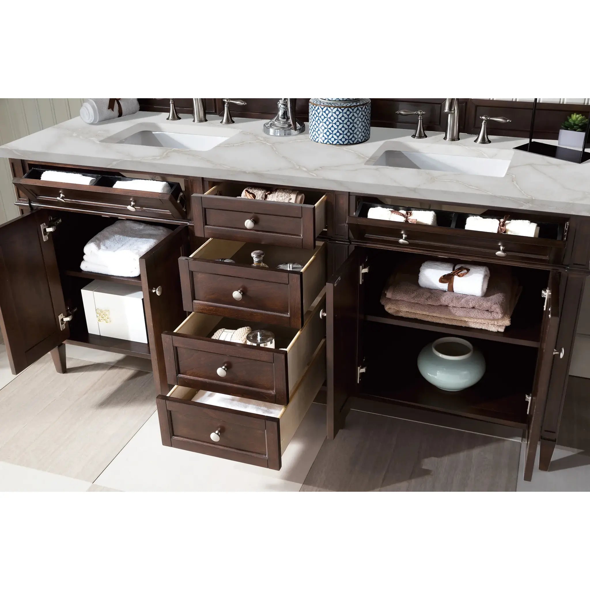 72" Brittany Double Vanity in Burnished Mahogany Wireless Charger-Victorian Silver Silestone-8" Widespread image 6