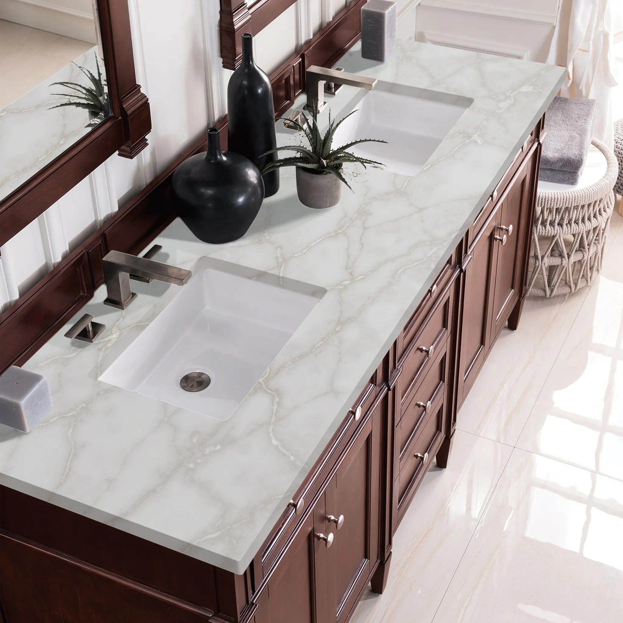 72" Brittany Double Vanity in Burnished Mahogany Wireless Charger-Victorian Silver Silestone-8" Widespread image 8