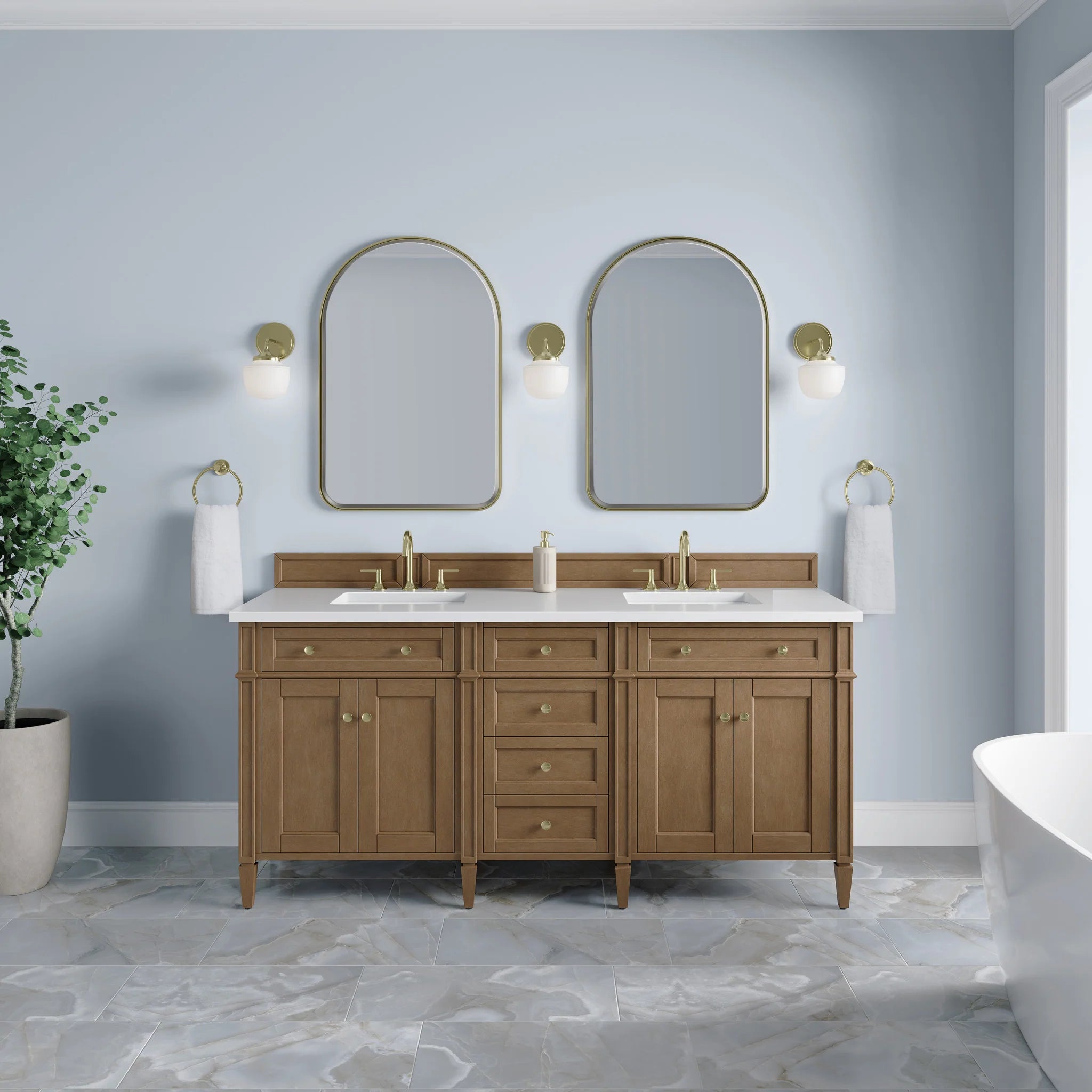 72" Brittany Double Vanity in Pecan by James Martin Vanities-White Zeus Silestone 1