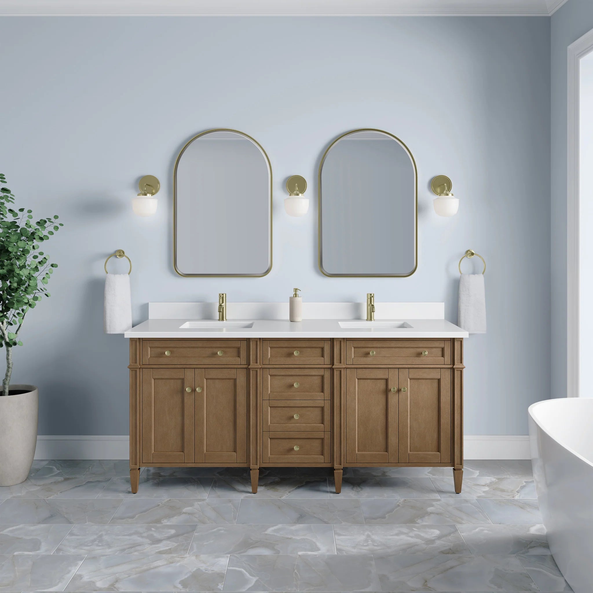72" Brittany Double Vanity in Pecan by James Martin Vanities-White Zeus Silestone & Backsplash 1
