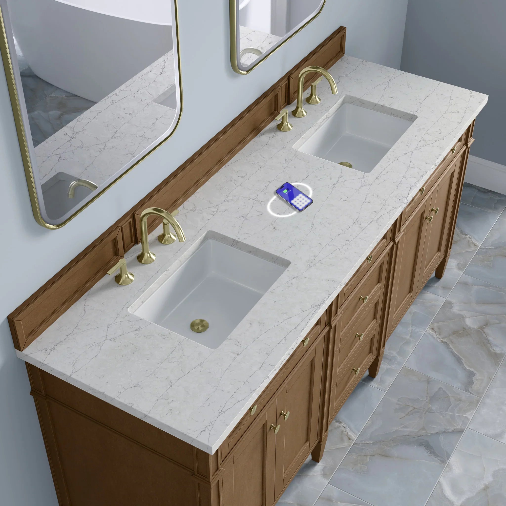 72" Brittany Double Vanity in Pecan w/FreePower Wireless Charger by James Martin Vanities-Eternal Jasmine Pearl Silestone 6
