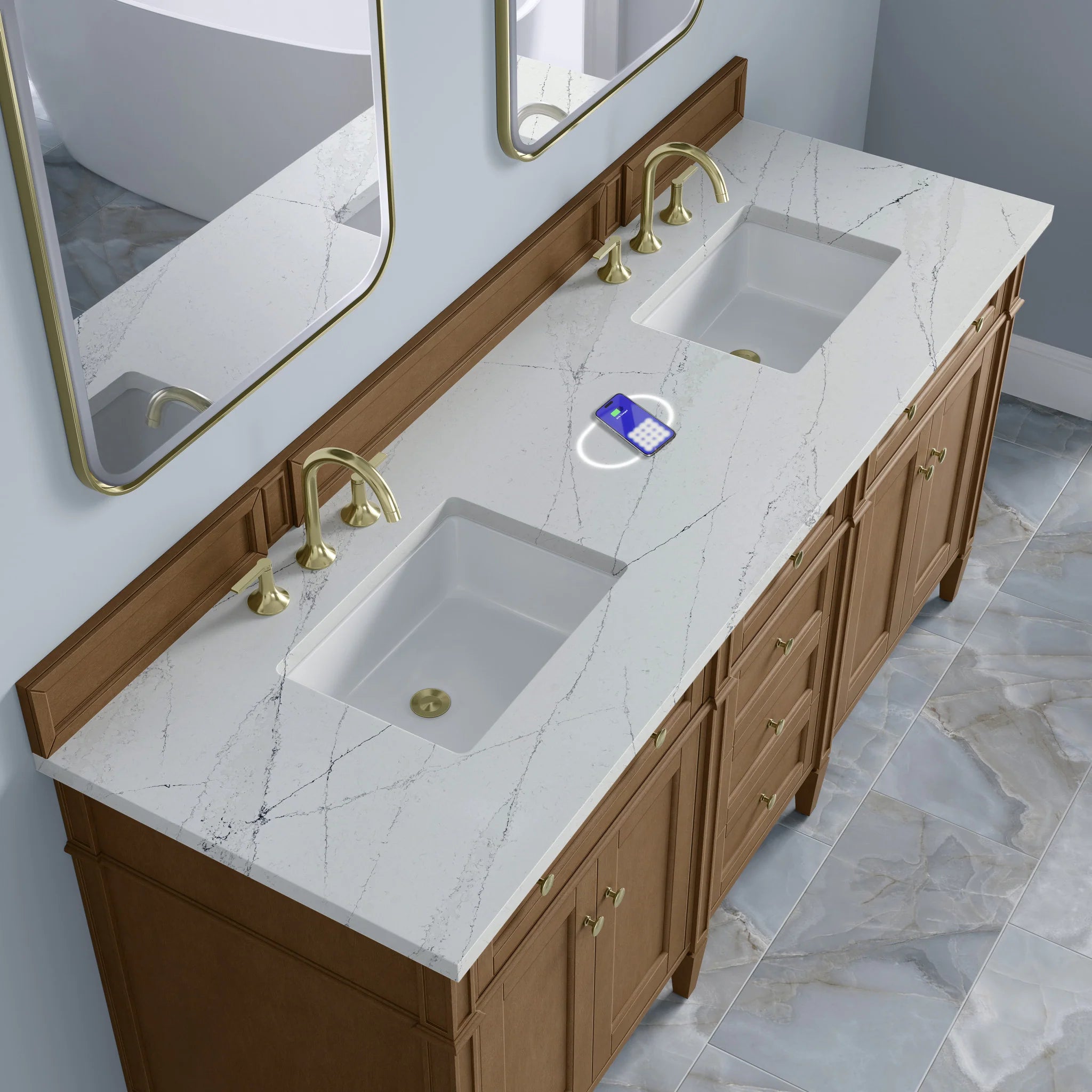 72" Brittany Double Vanity in Pecan w/FreePower Wireless Charger by James Martin Vanities-Ethereal Noctis Silestone 6