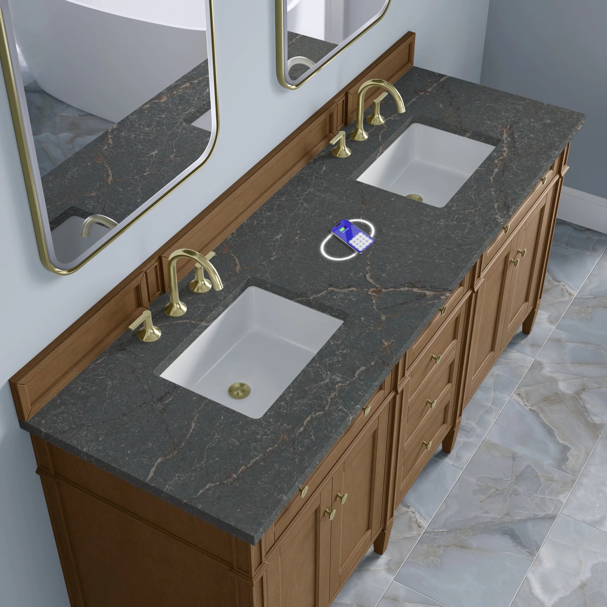 72" Brittany Double Vanity in Pecan w/FreePower Wireless Charger by James Martin Vanities-Parisien Bleu Silestone 6