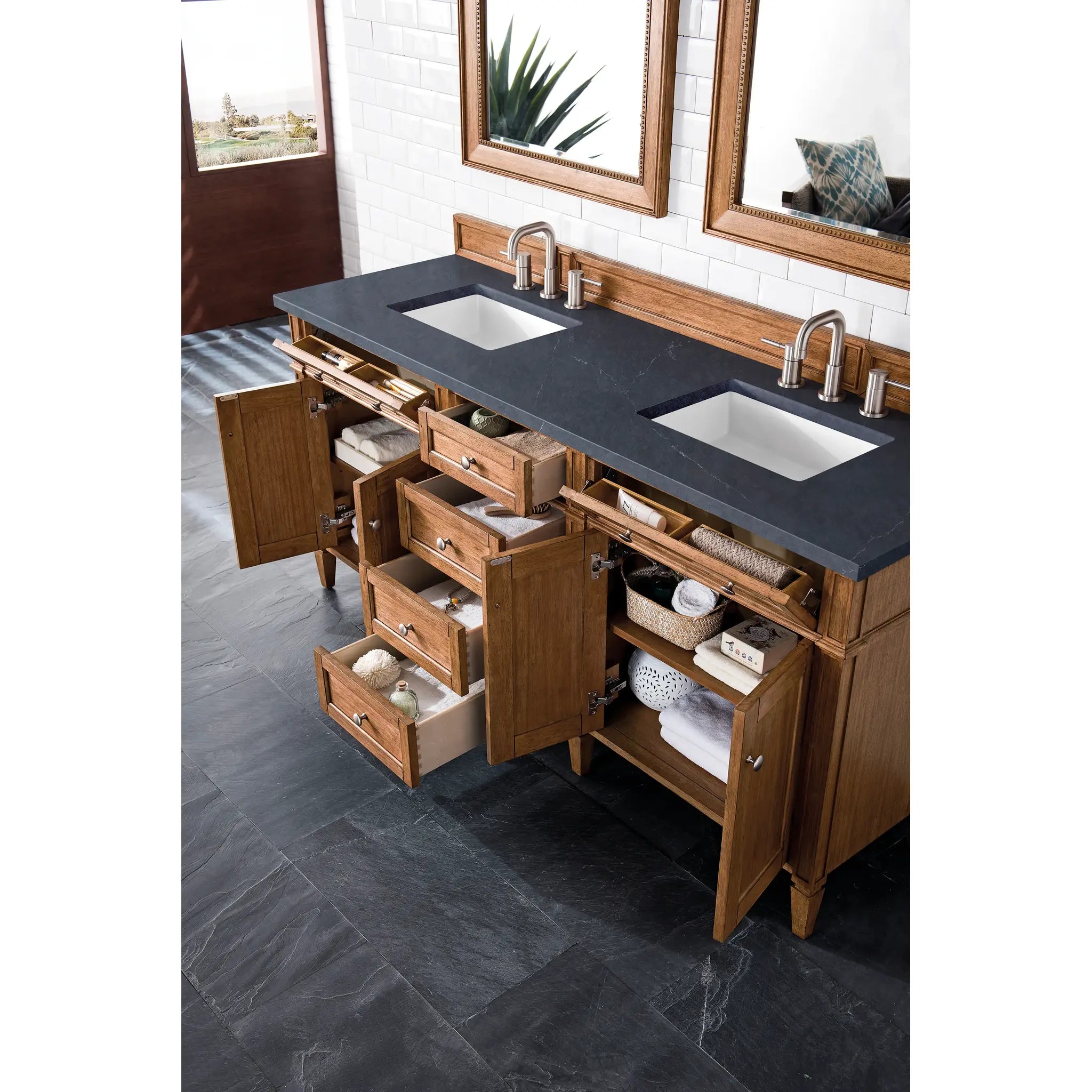 72" Brittany Double Vanity in Saddle Brown-Charcoal Soapstone Silestone-8" Widespread image 3