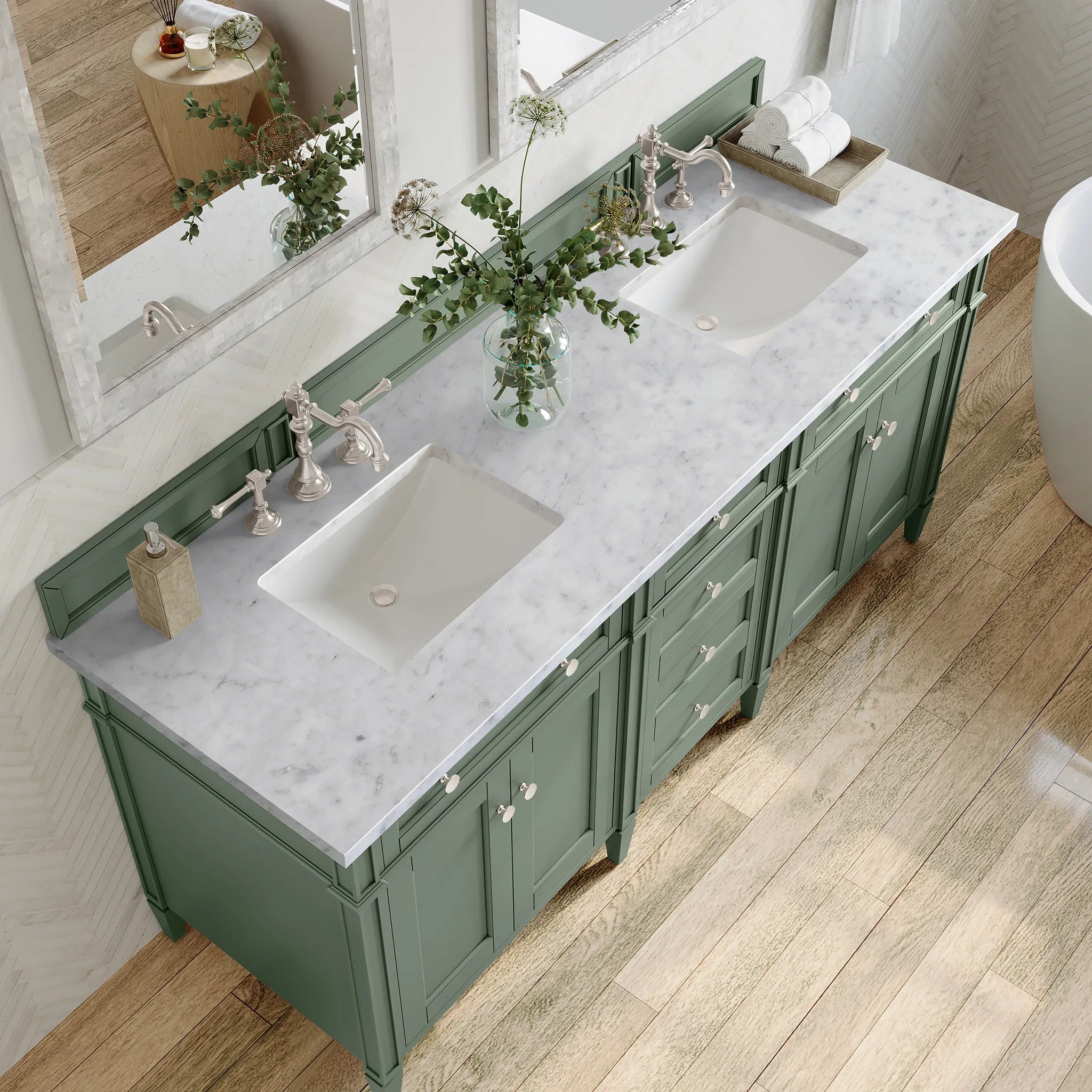 72" Brittany Double Vanity in Smokey Celadon-Carrara White Marble-8" Widespread image 4