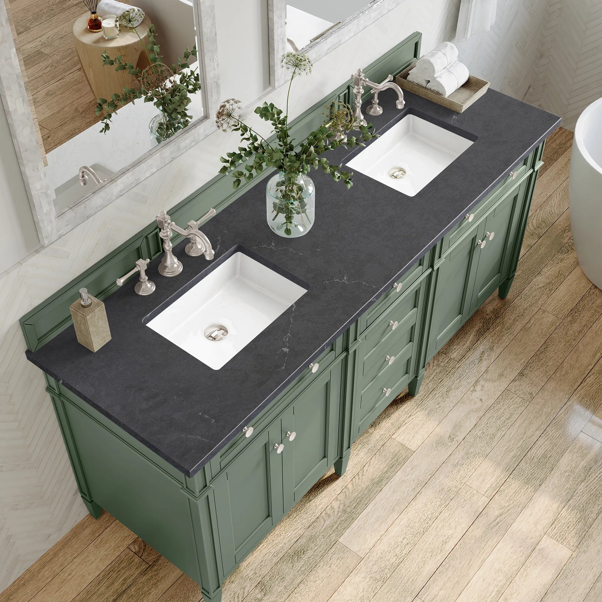 72" Brittany Double Vanity in Smokey Celadon-Charcoal Soapstone Silestone-8" Widespread image 4