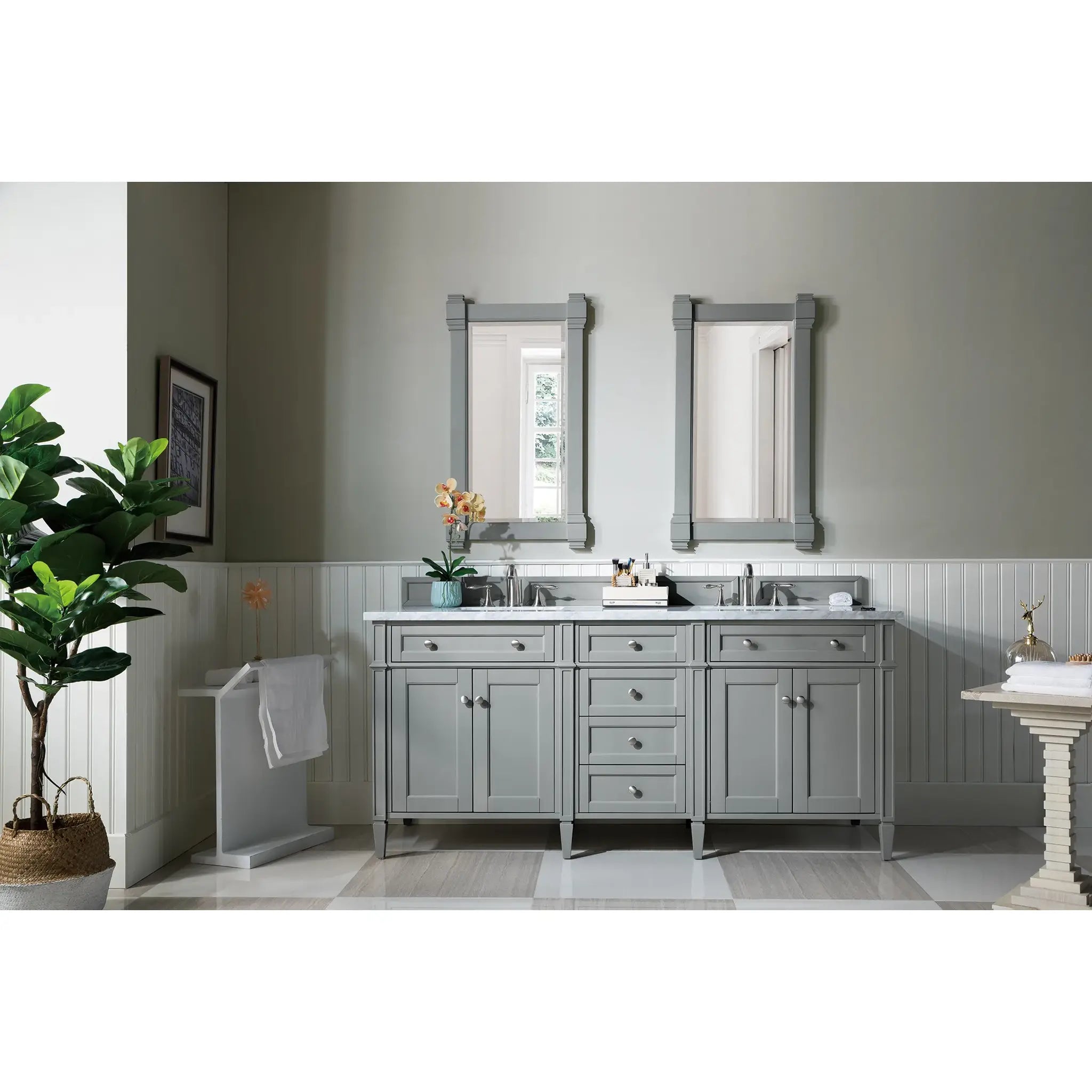72" Brittany Double Vanity in Urban Gray-Carrara White Marble-8" Widespread image 1