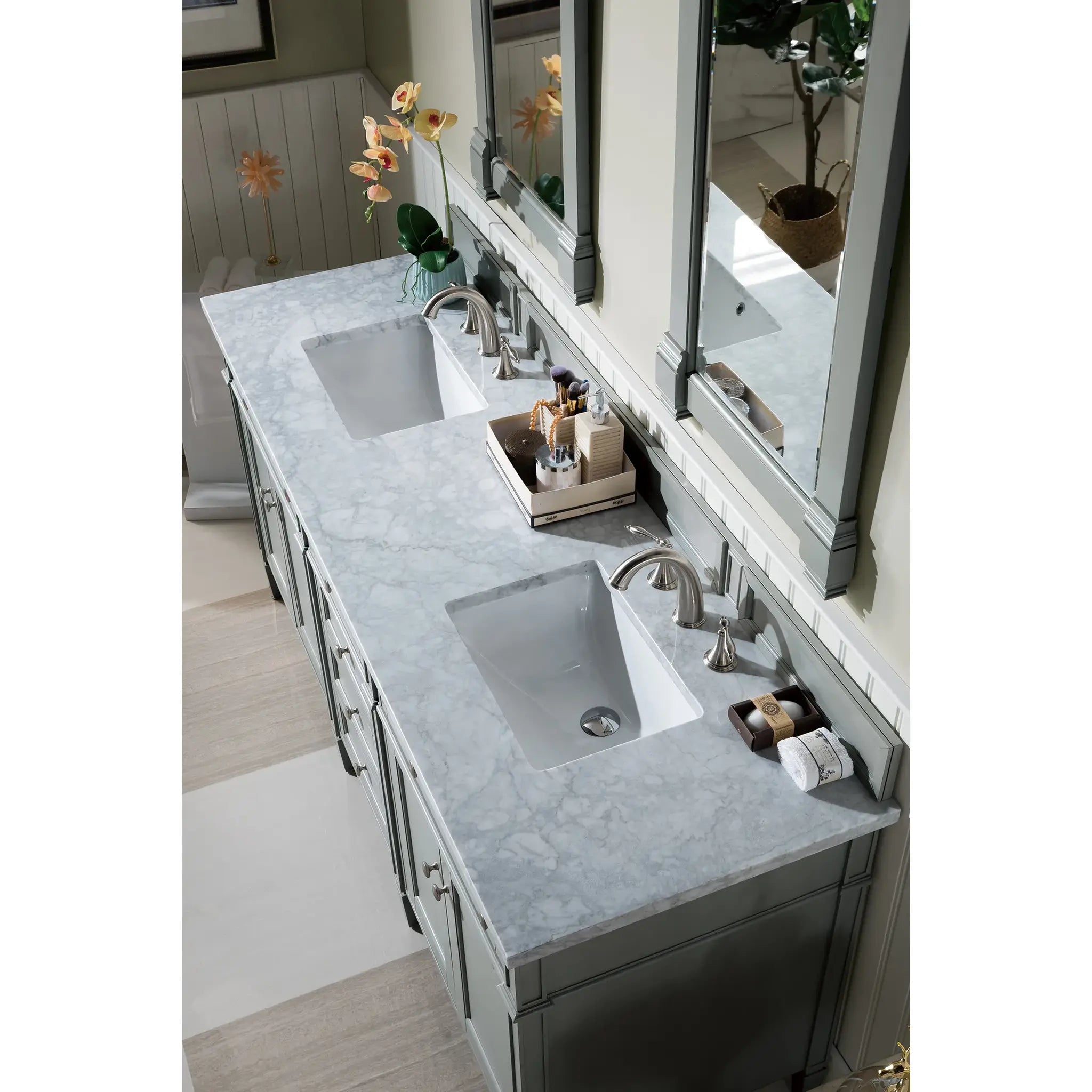72" Brittany Double Vanity in Urban Gray-Carrara White Marble-8" Widespread image 4