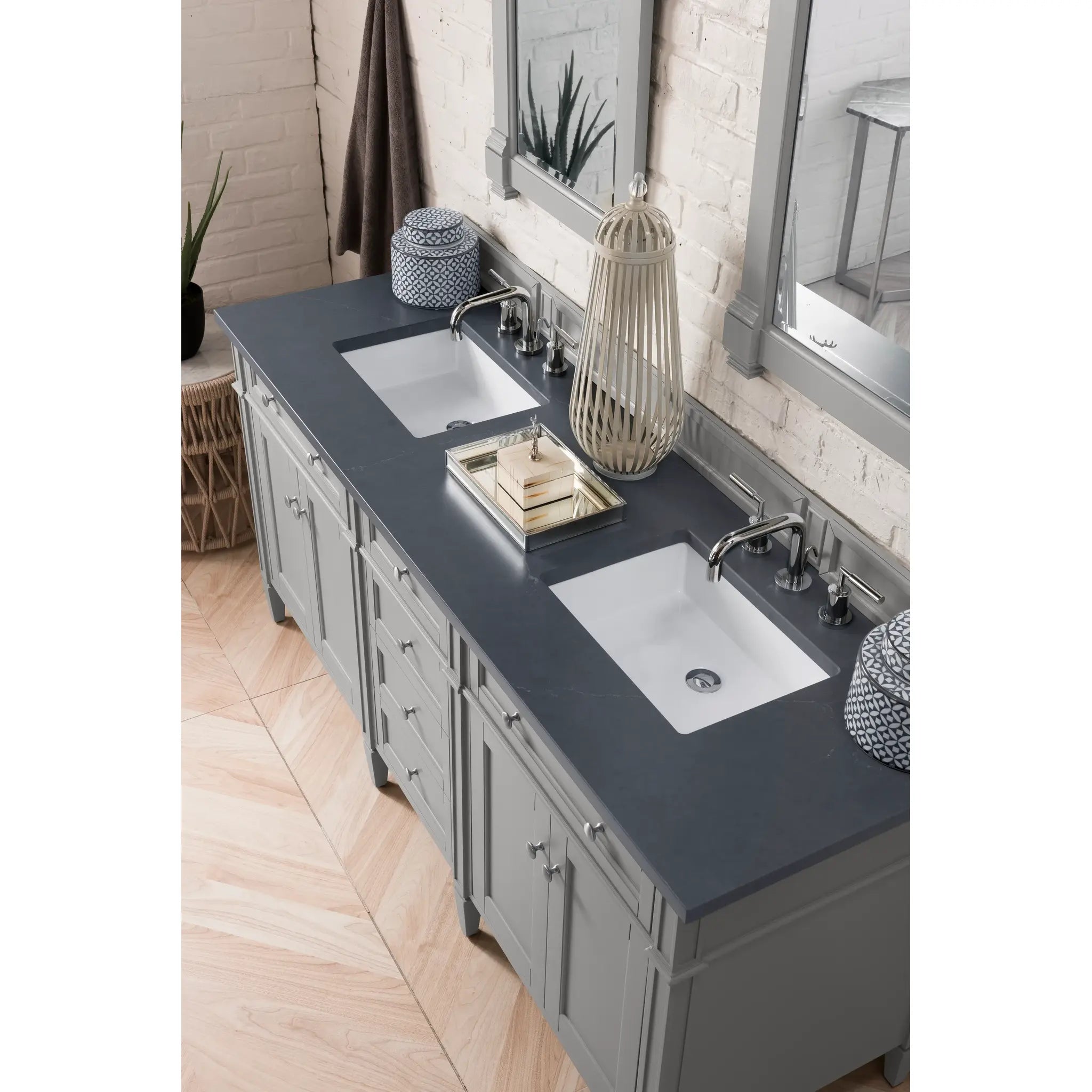 72" Brittany Double Vanity in Urban Gray-Charcoal Soapstone Silestone-8" Widespread image 2