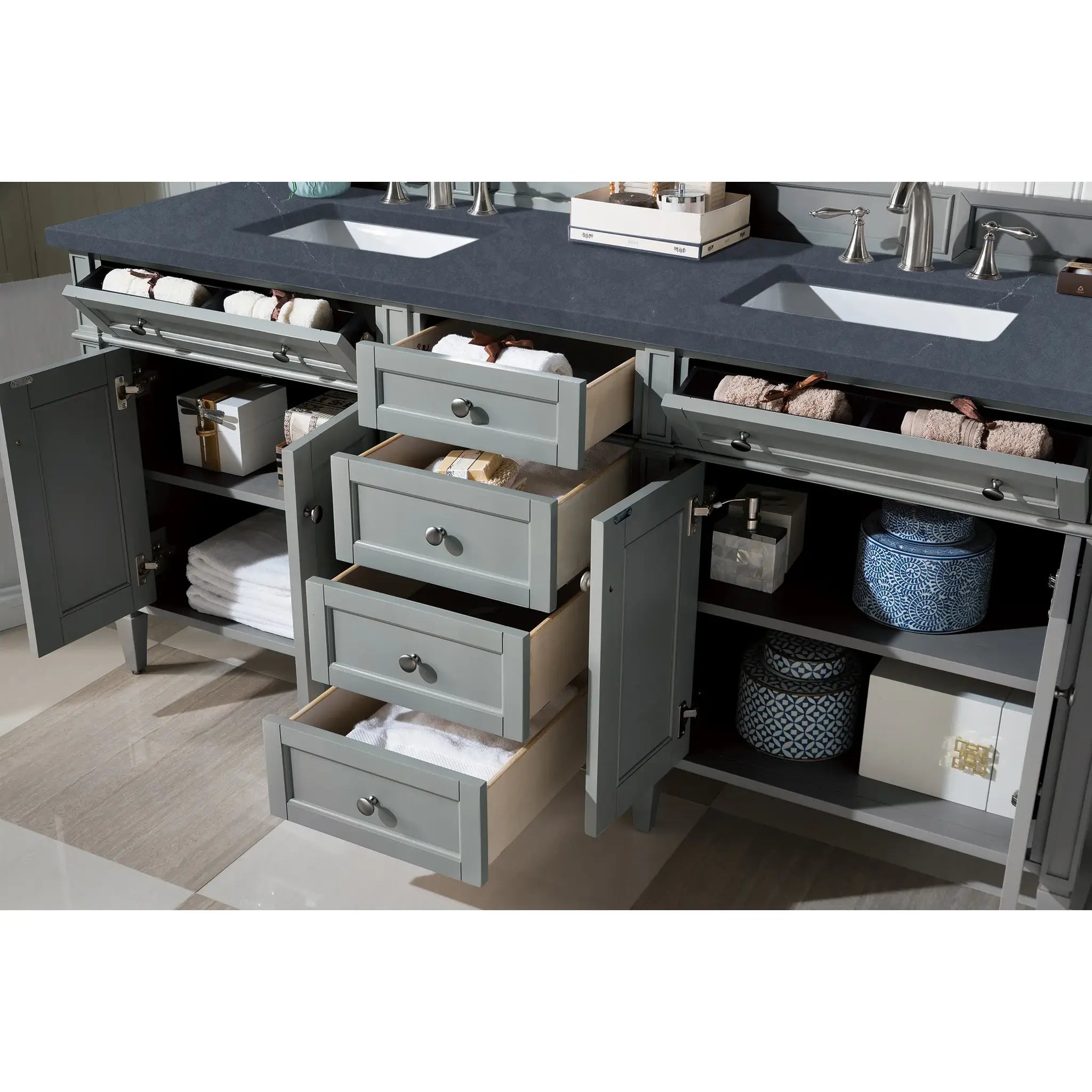 72" Brittany Double Vanity in Urban Gray-Charcoal Soapstone Silestone-8" Widespread image 3