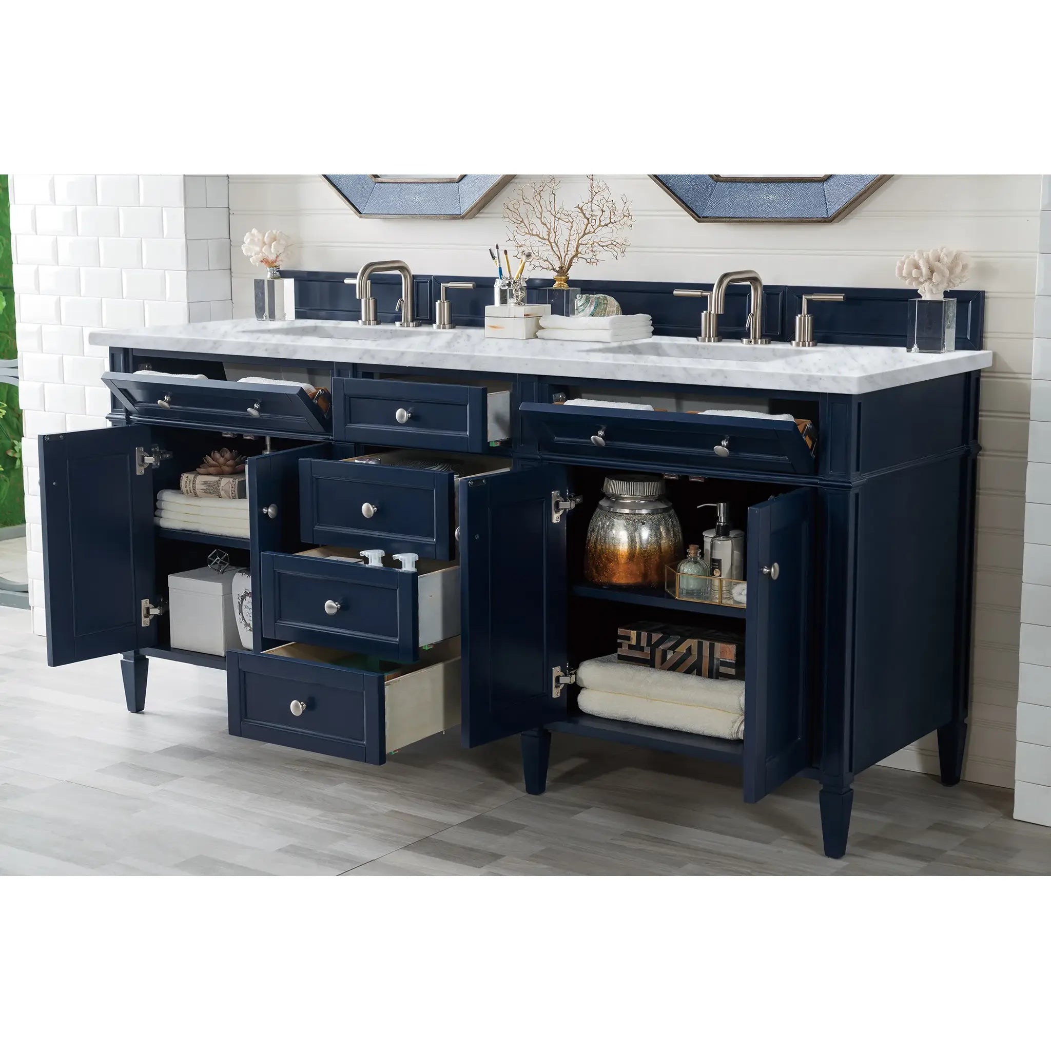 72" Brittany Double Vanity in Victory Blue-Carrara White Marble-8" Widespread image 3