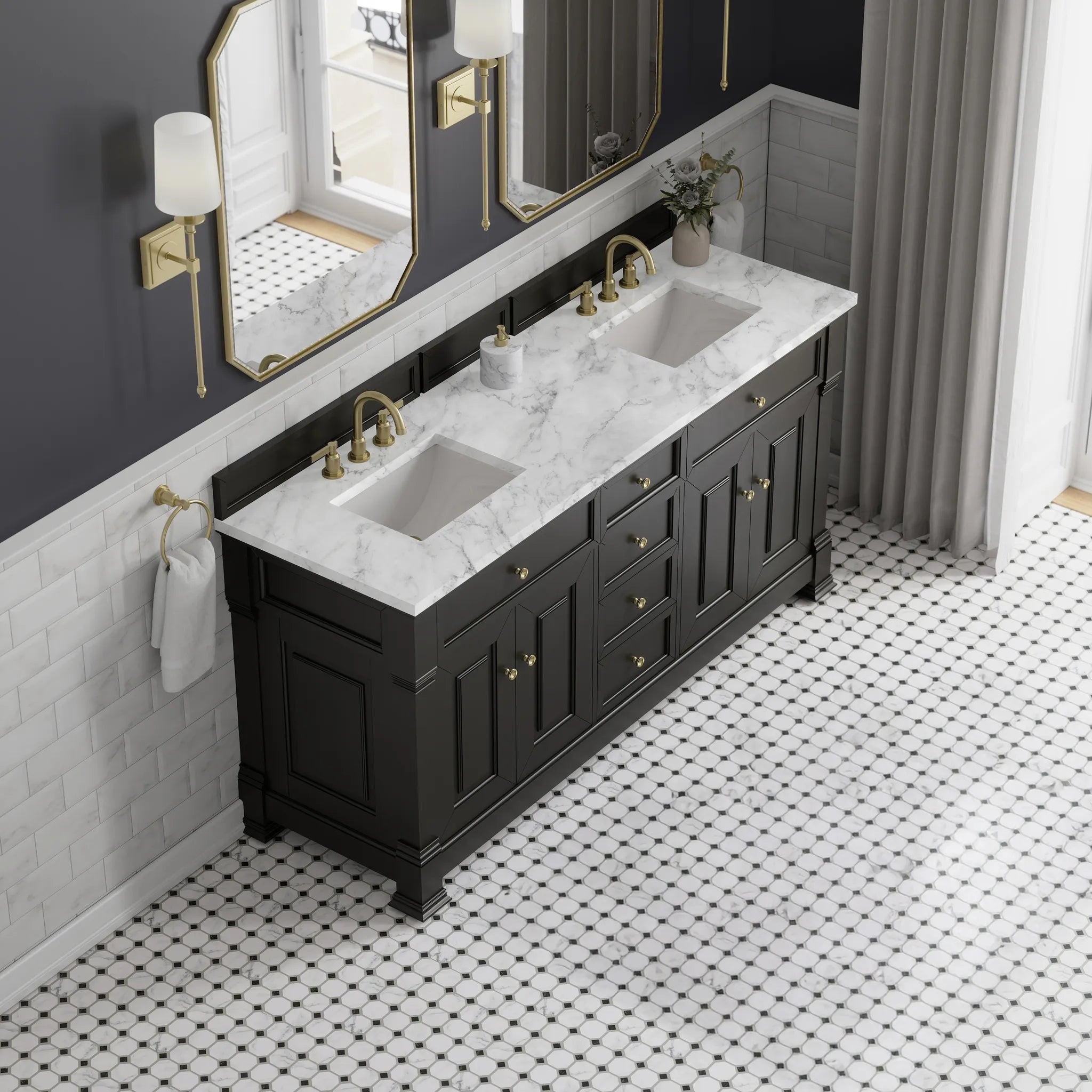 72" Brookfield Double Vanity in Black Onyx-Carrara White Marble-8" Widespread image 6