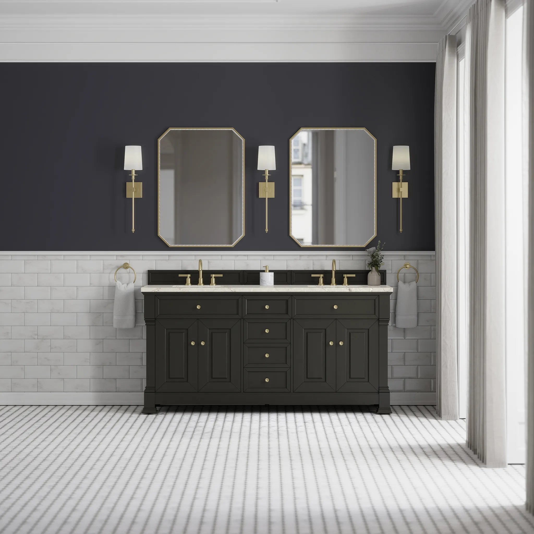 72" Brookfield Double Vanity in Black Onyx-Victorian Silver Silestone-8" Widespread image 2