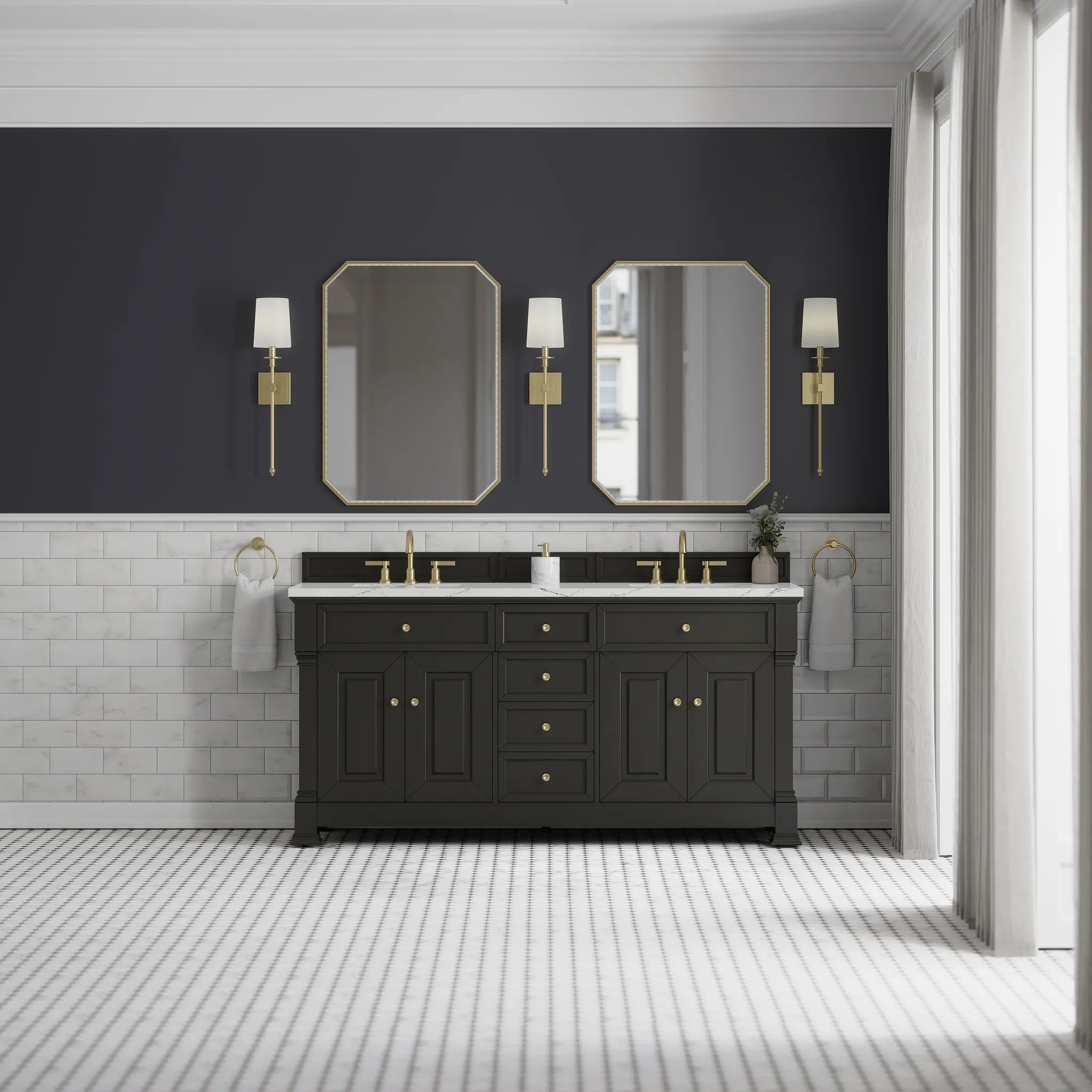 72" Brookfield Double Vanity in Black Onyx w/FreePower Wireless Charger-Ethereal Noctis Silestone-8" Widespread image 4