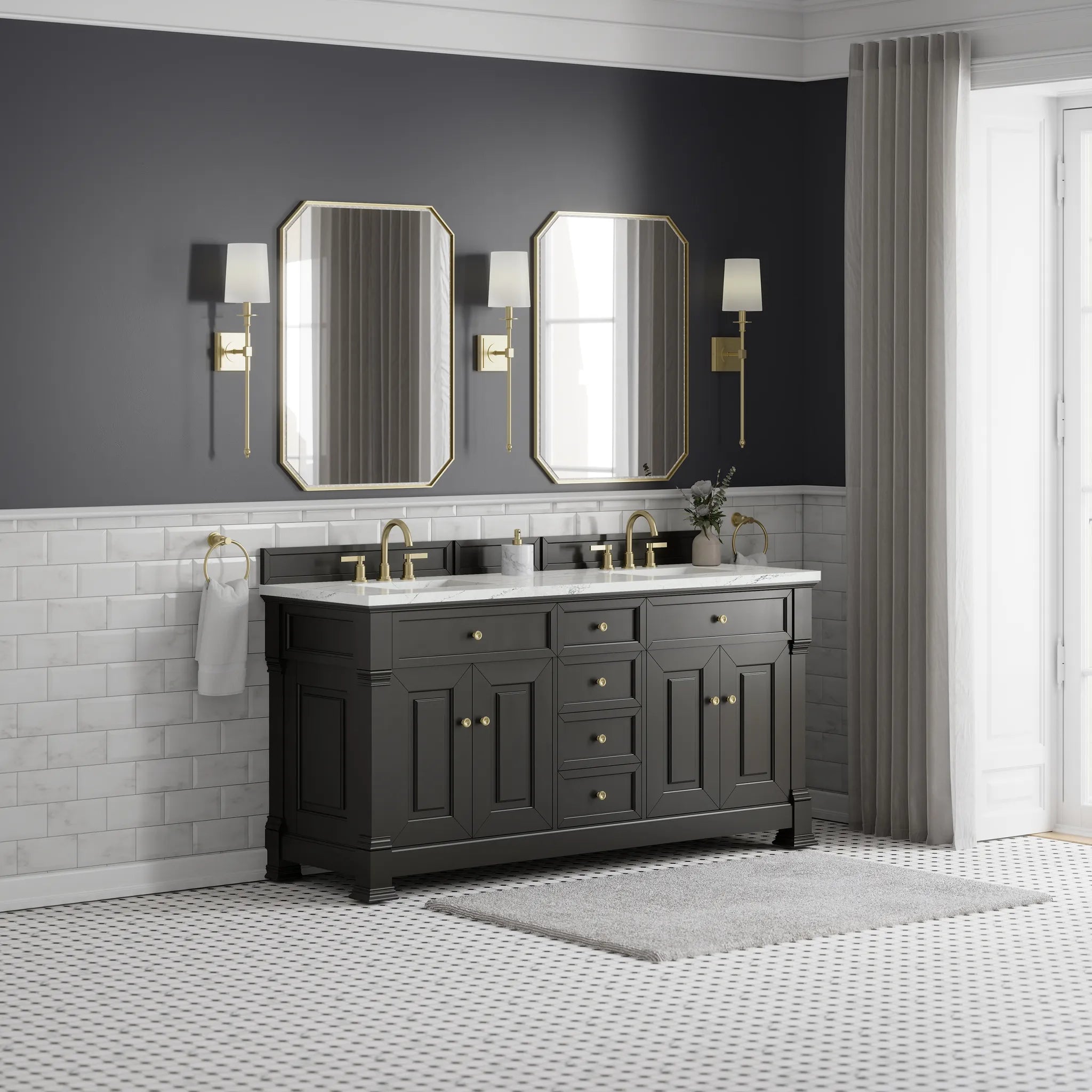 72" Brookfield Double Vanity in Black Onyx w/FreePower Wireless Charger-Ethereal Noctis Silestone-8" Widespread image 5