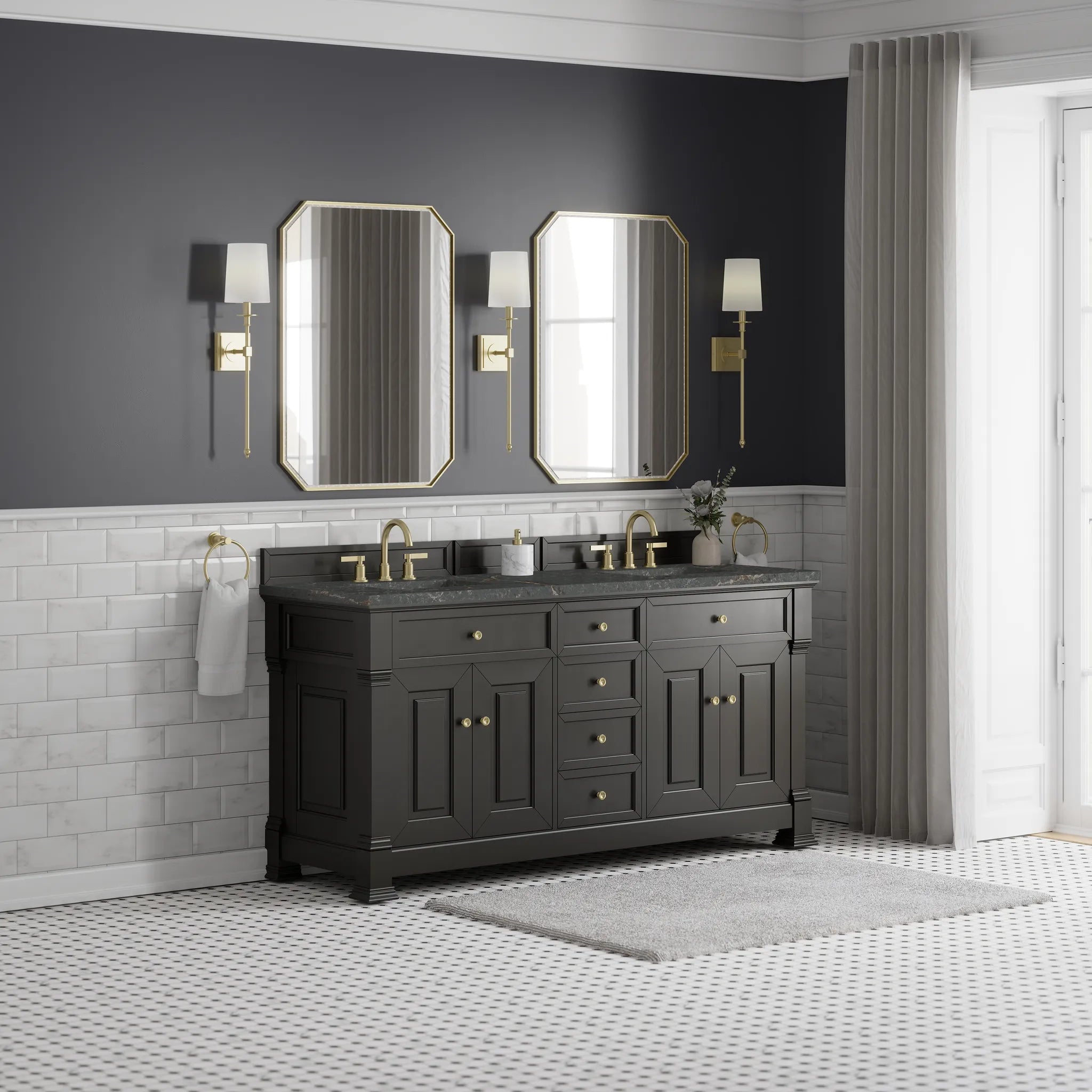 72" Brookfield Double Vanity in Black Onyx w/FreePower Wireless Charger-Parisien Bleu Silestone-8" Widespread image 5