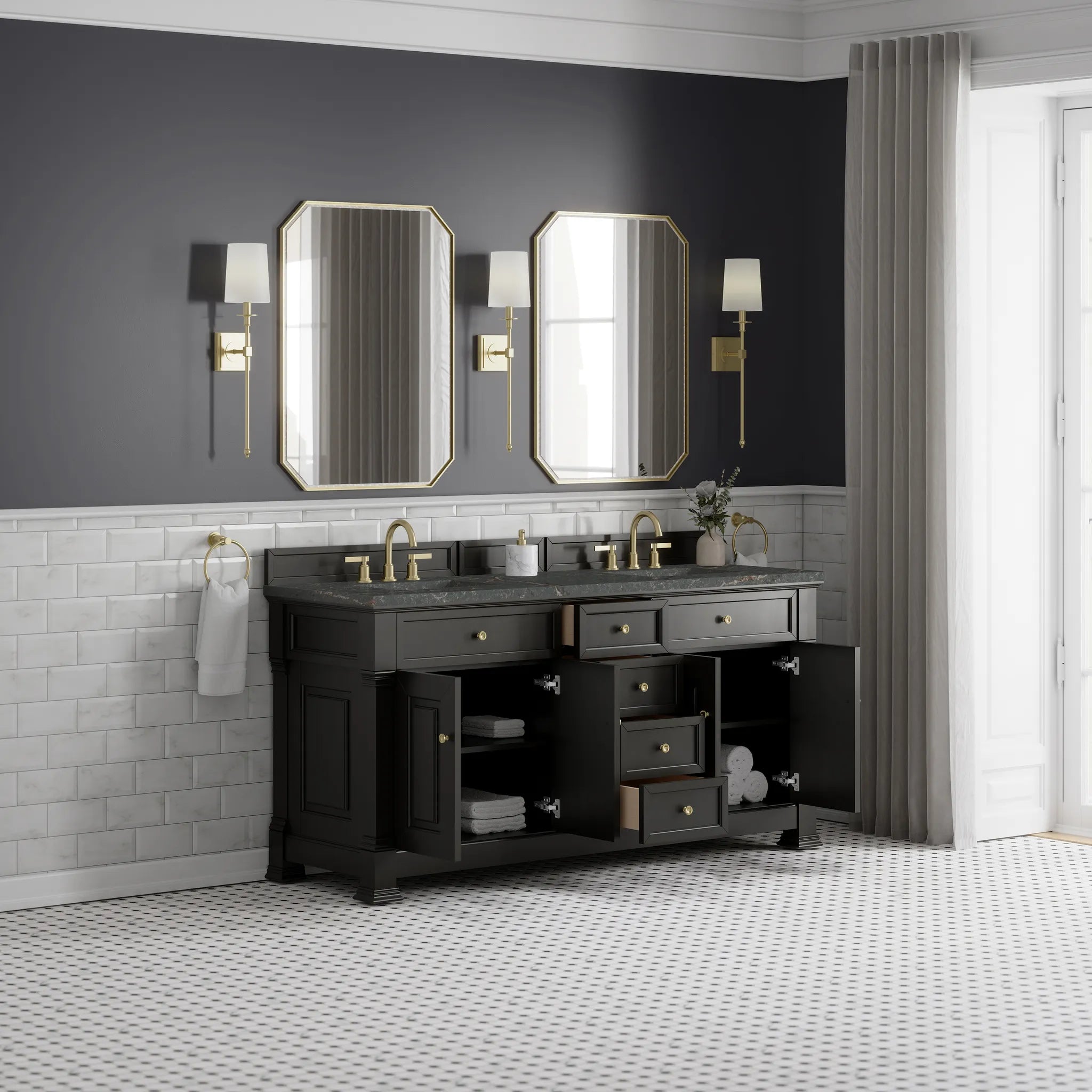 72" Brookfield Double Vanity in Black Onyx w/FreePower Wireless Charger-Parisien Bleu Silestone-8" Widespread image 6