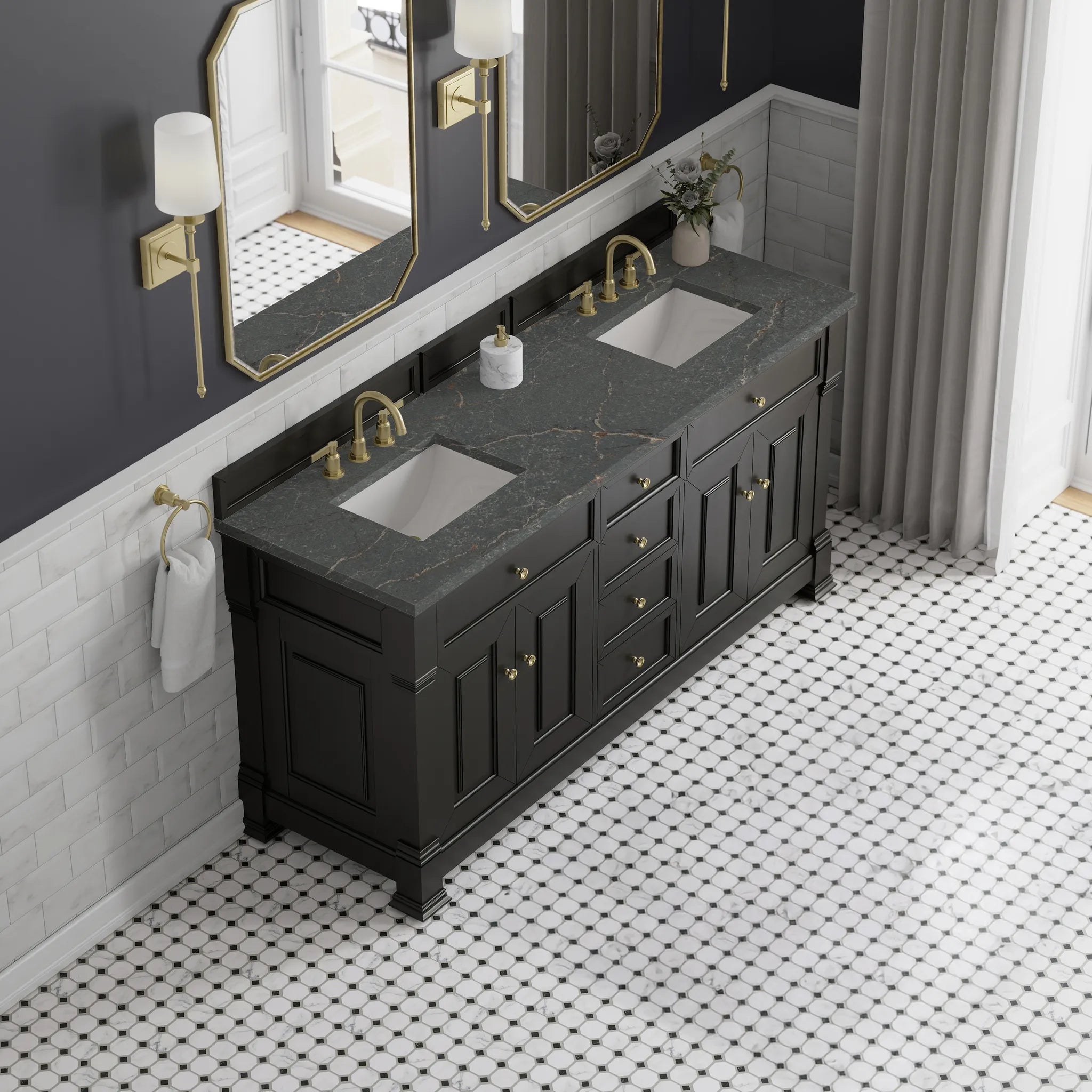 72" Brookfield Double Vanity in Black Onyx w/FreePower Wireless Charger-Parisien Bleu Silestone-8" Widespread image 8