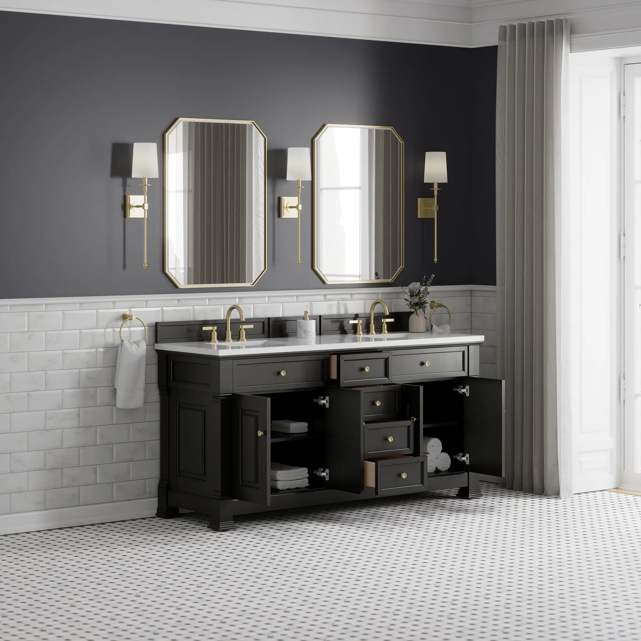 72" Brookfield Double Vanity in Black Onyx-White Zeus Silestone-8" Widespread image 4