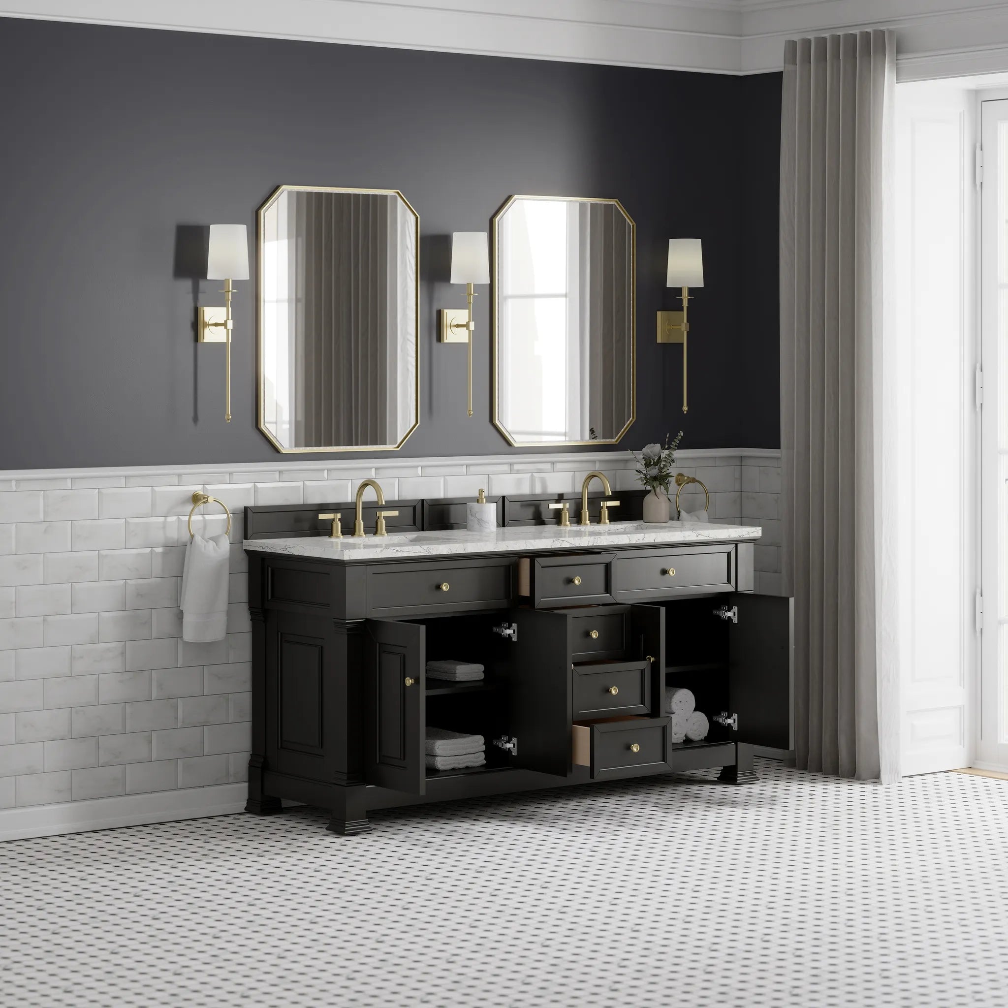 72" Brookfield Double Vanity in Black Onyx Wireless Charger-Eternal Jasmine Pearl Silestone-8" Widespread image 6