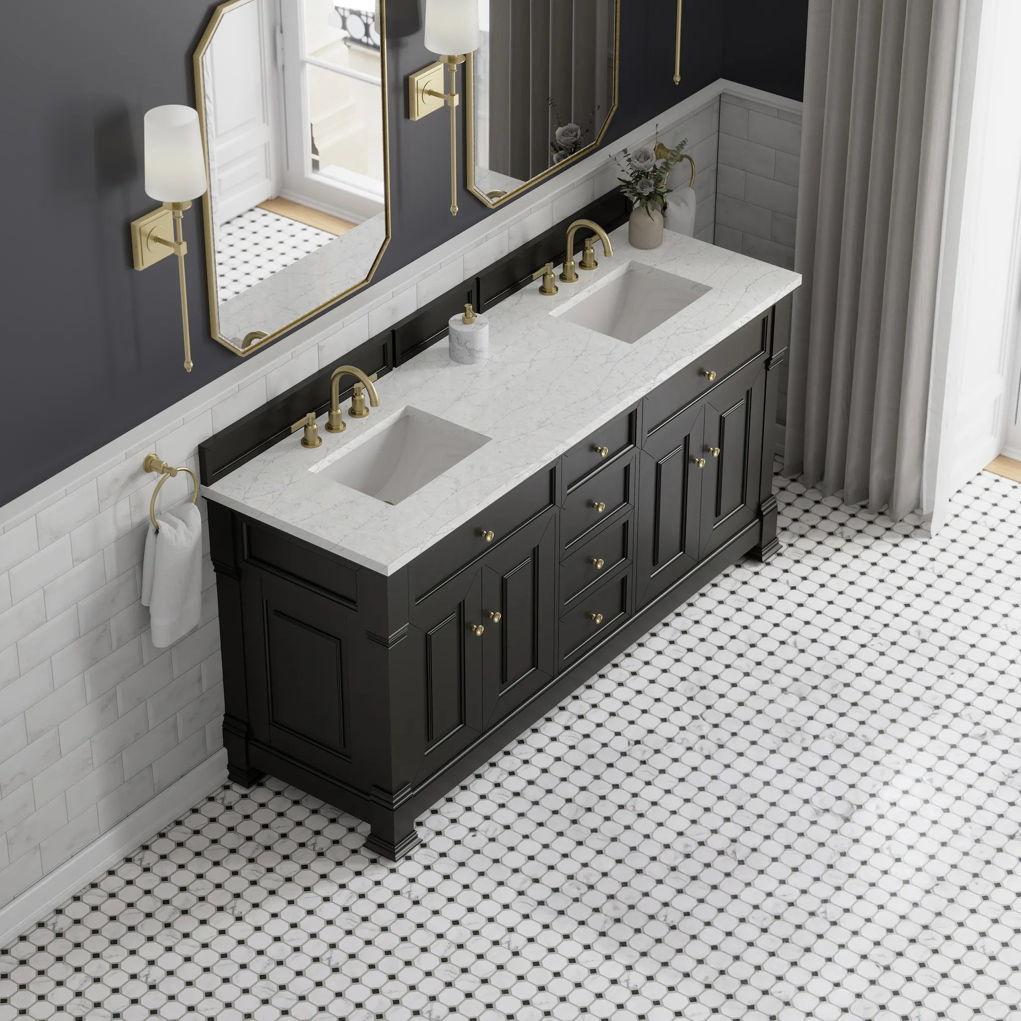 72" Brookfield Double Vanity in Black Onyx Wireless Charger-Eternal Jasmine Pearl Silestone-8" Widespread image 8