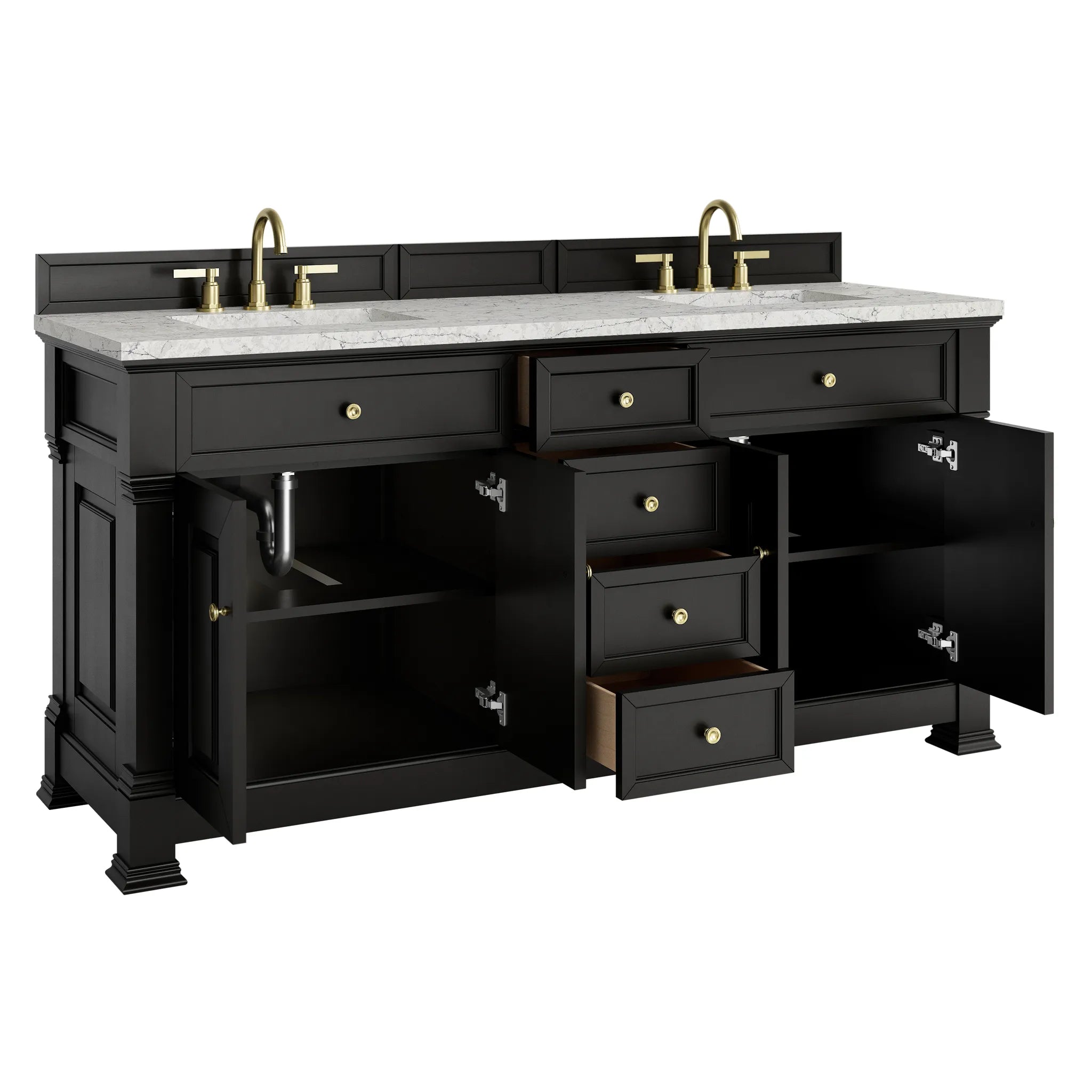 72" Brookfield Double Vanity in Black Onyx Wireless Charger-Eternal Jasmine Pearl Silestone-8" Widespread image 9